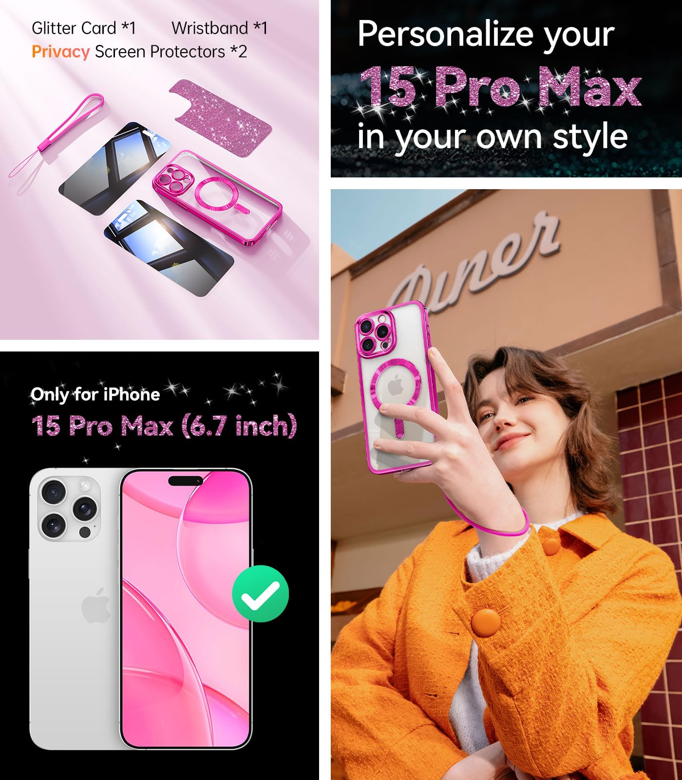 Foto 3 pulgar | Funda De Teléfono Meifigno Diseñada Para Iphone 15 Pro Max, Color Rosa Intenso - Venta Internacional.