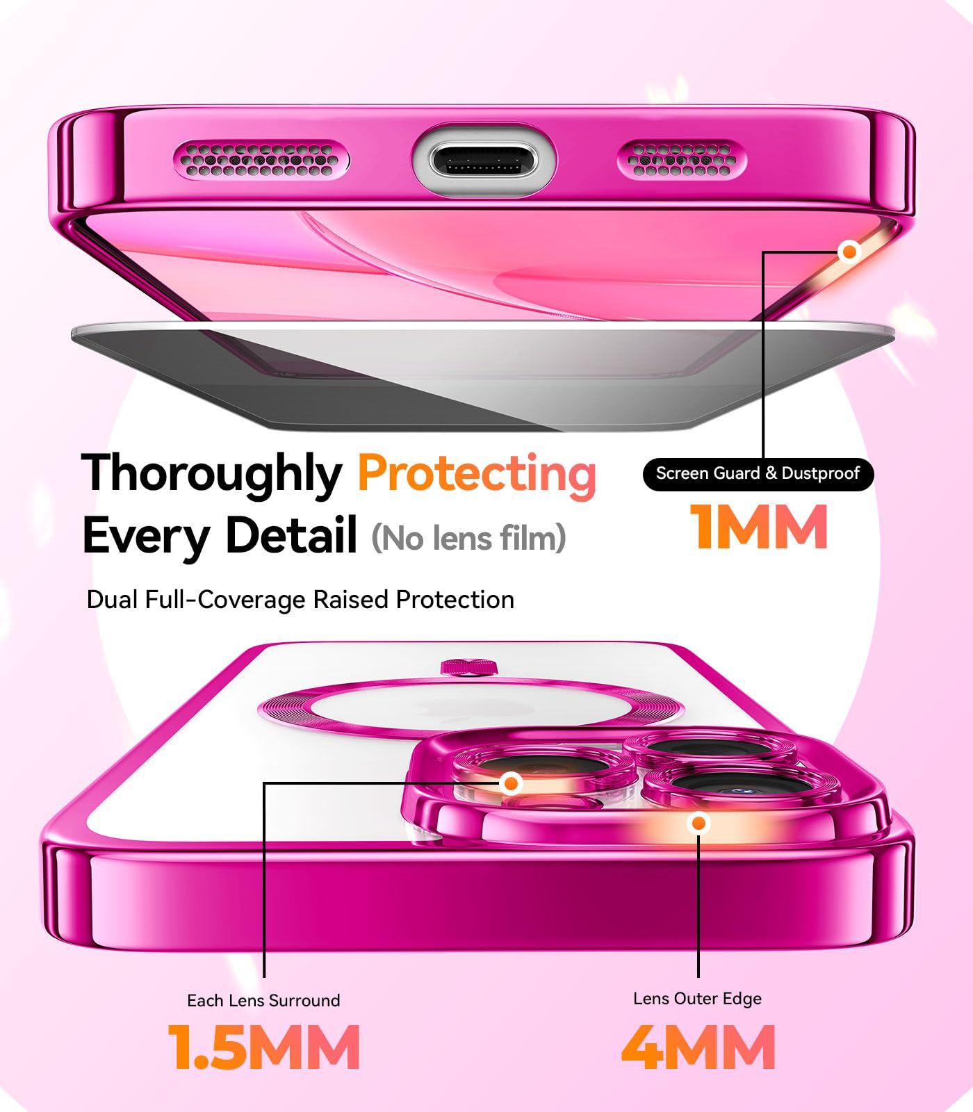 Foto 4 pulgar | Funda De Teléfono Meifigno Diseñada Para Iphone 15 Pro Max, Color Rosa Intenso - Venta Internacional.