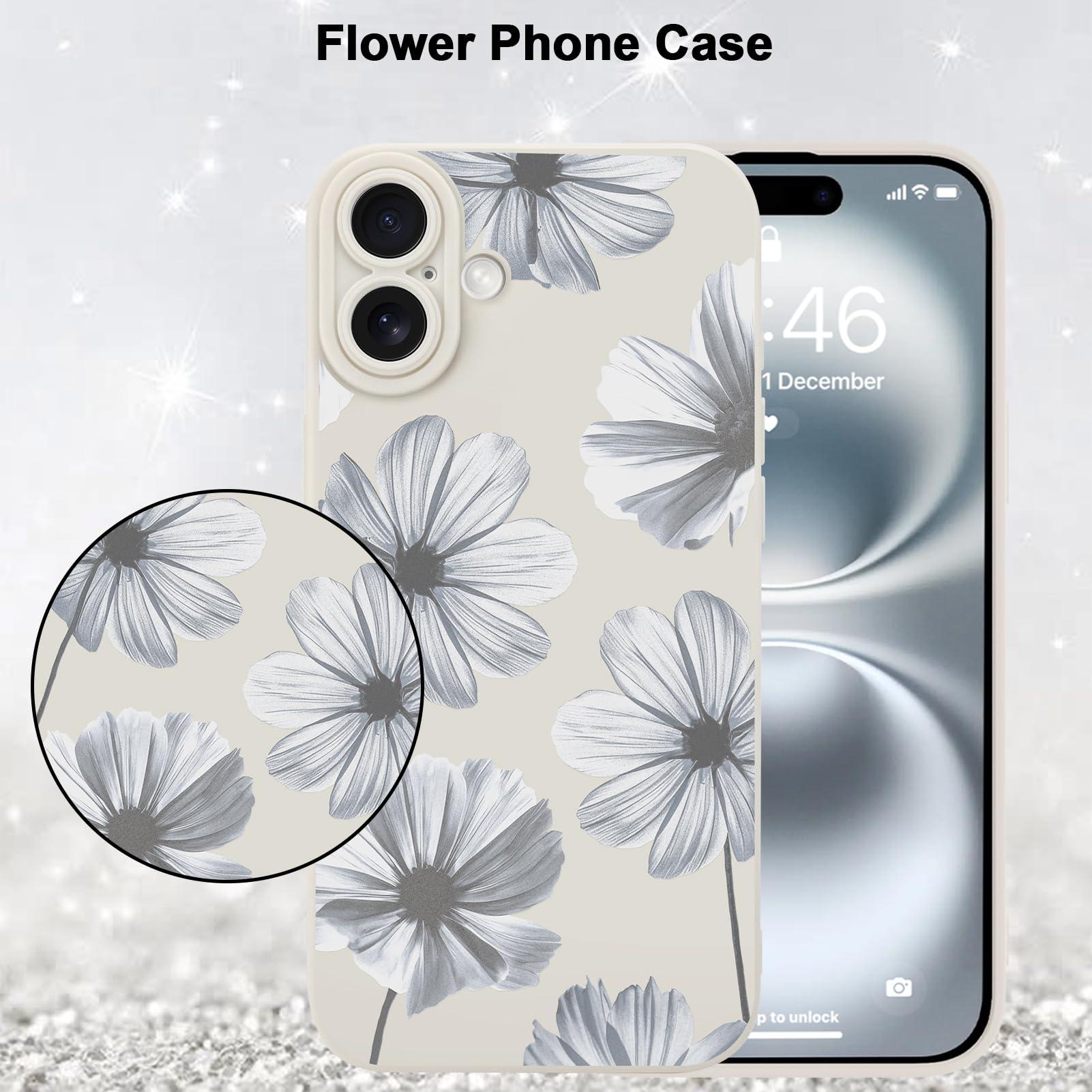 Foto 5 | Funda De Teléfono Mzelq Para Iphone 16 De Silicona Con Flores Florales Blancas - Venta Internacional.