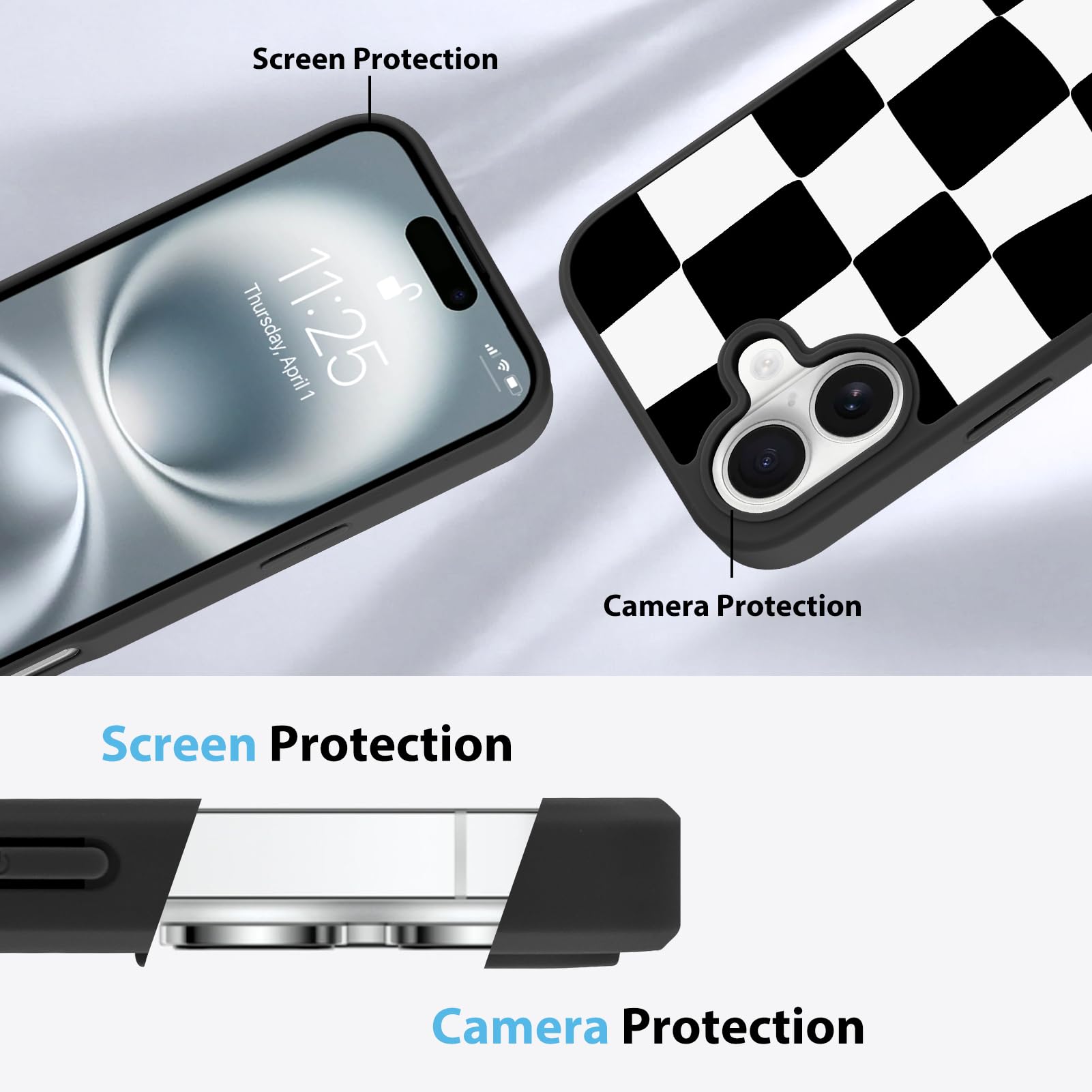 Foto 6 pulgar | Funda De Teléfono Kanghar Para Iphone 16, Estética A Cuadros, Negra - Venta Internacional.
