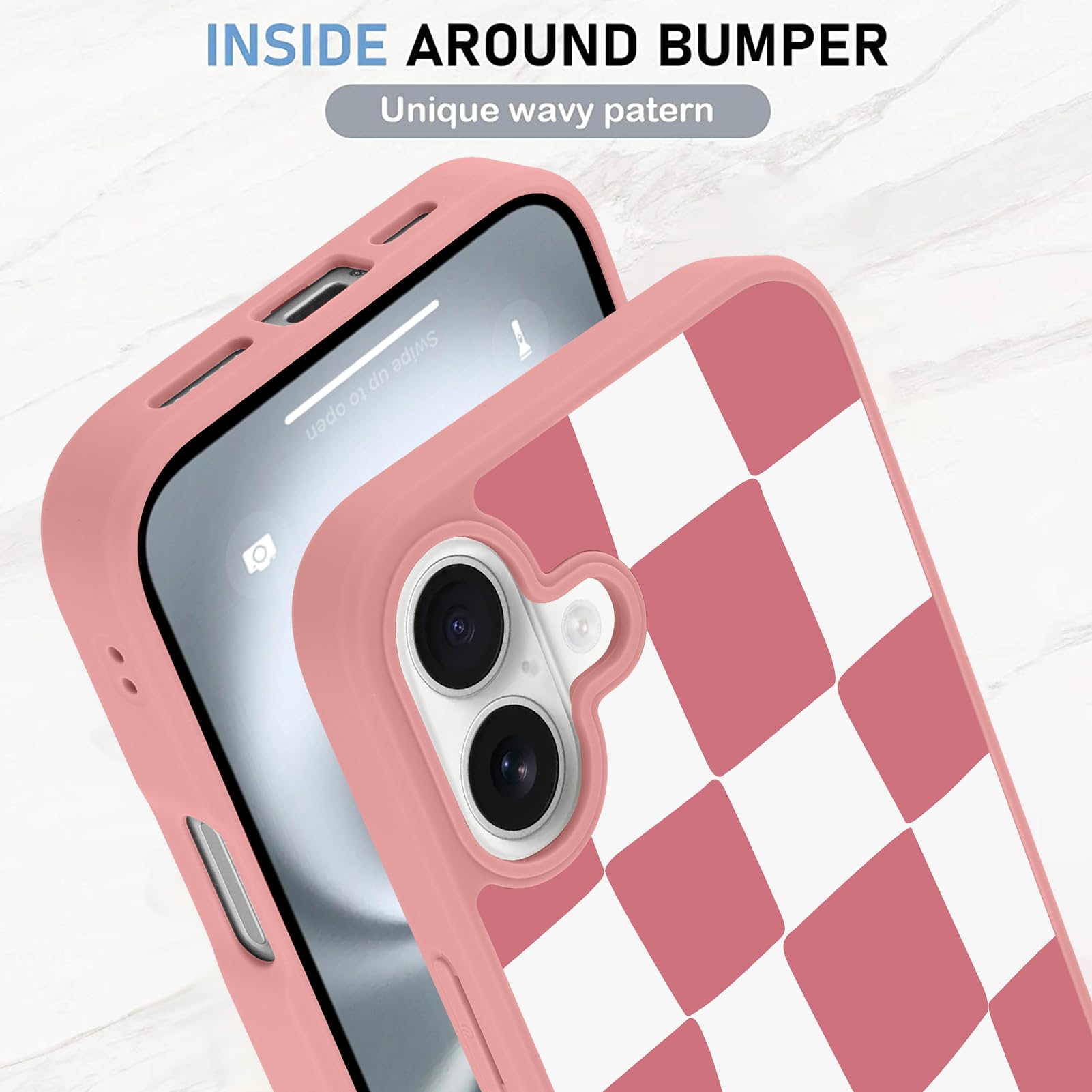 Foto 5 pulgar | Funda De Teléfono Kanghar Para Iphone 16, Diseño A Cuadros, Color Rosa - Venta Internacional.