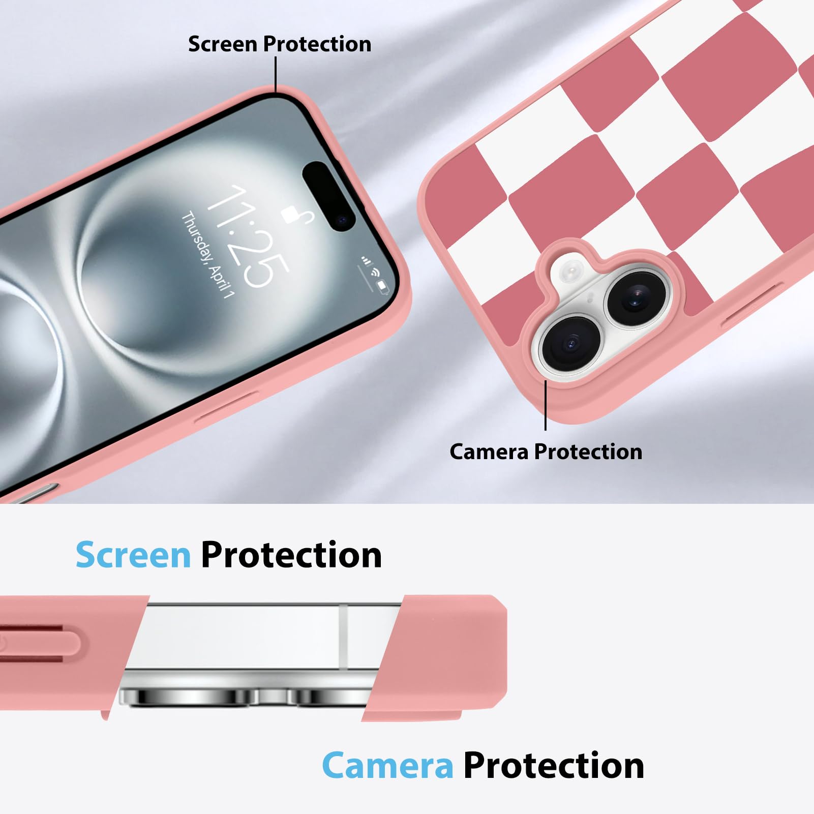 Foto 6 pulgar | Funda De Teléfono Kanghar Para Iphone 16, Diseño A Cuadros, Color Rosa - Venta Internacional.
