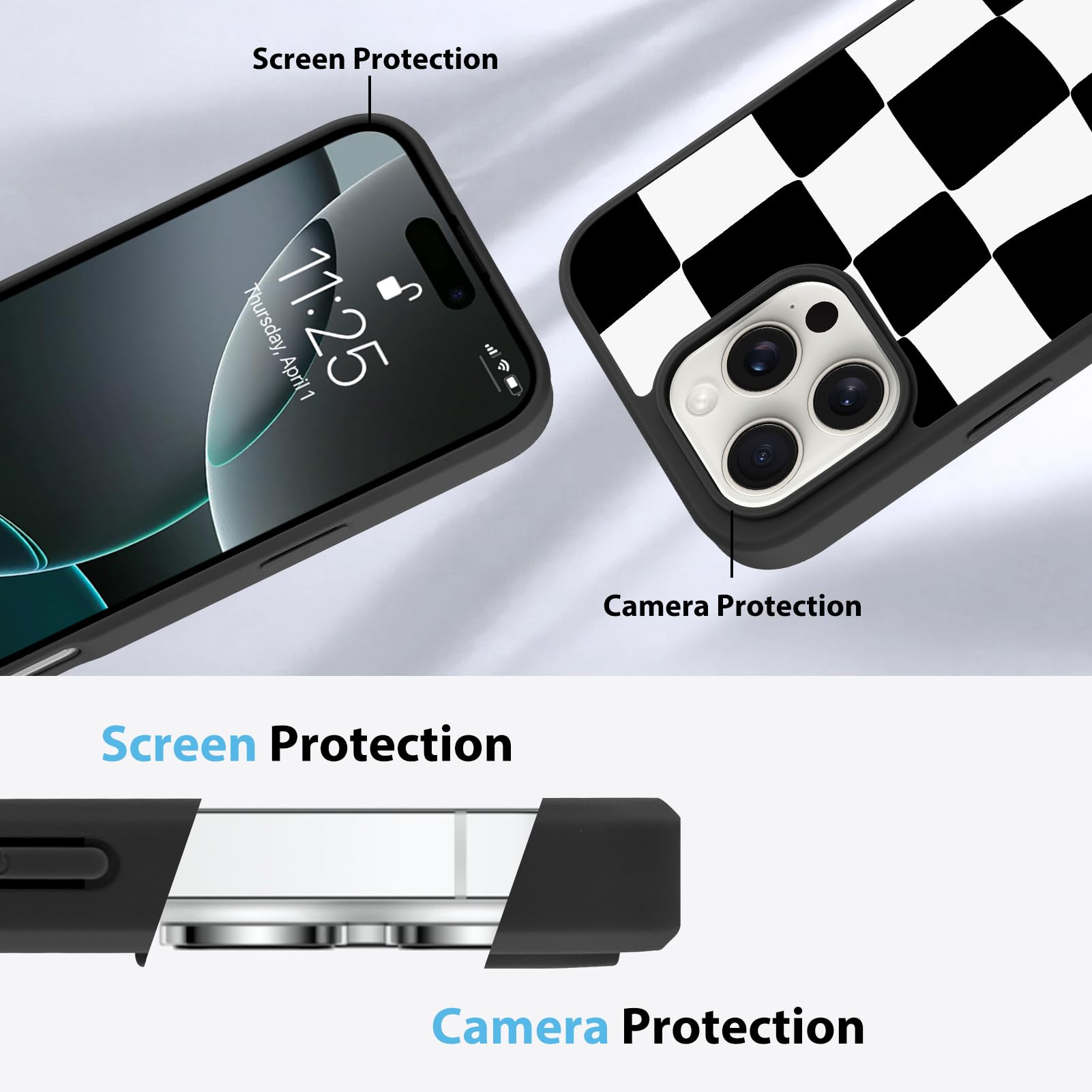 Foto 6 pulgar | Funda De Teléfono Kanghar Para Iphone 16 Pro, Estética A Cuadros, Negra - Venta Internacional.