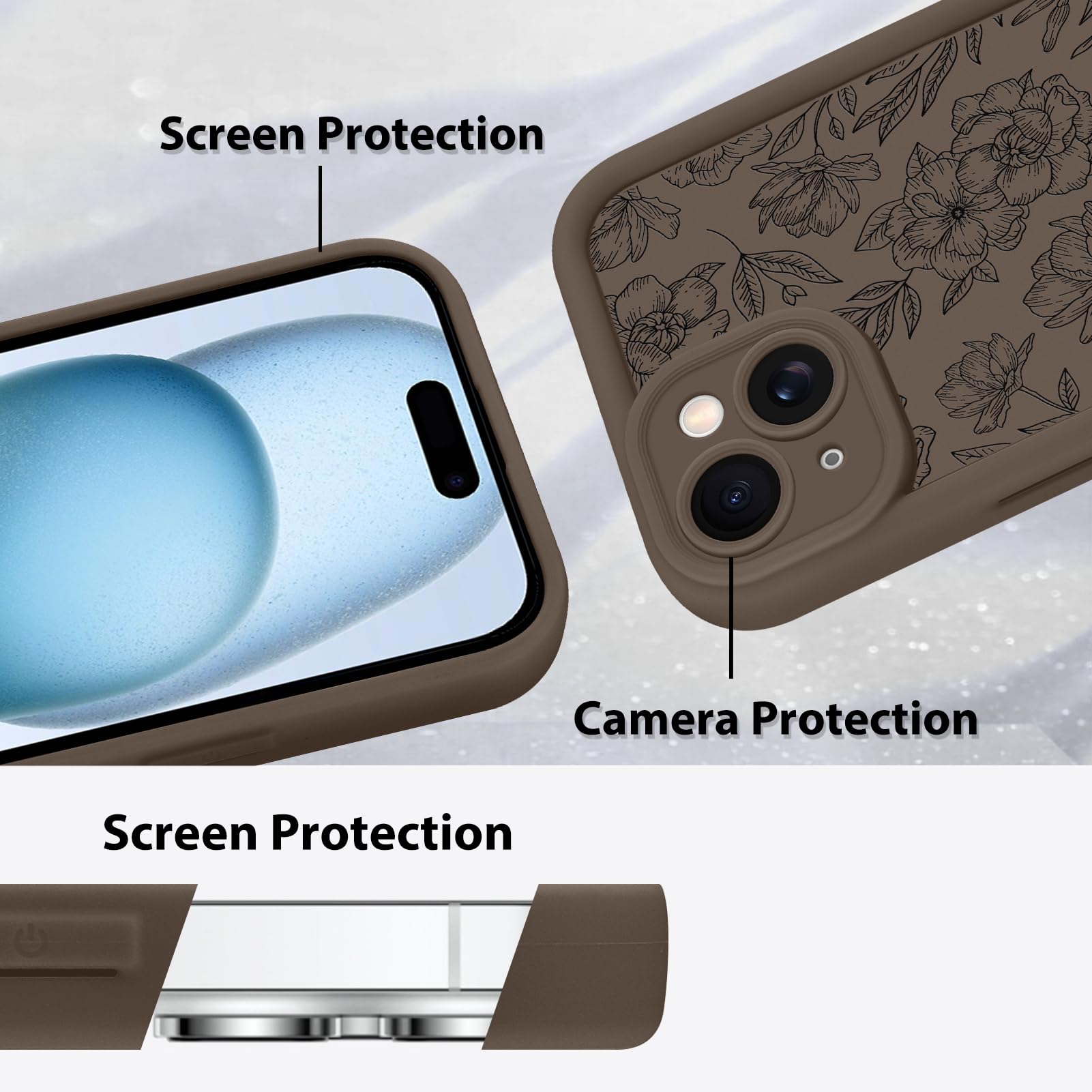 Foto 4 | Funda De Teléfono Mzelq Para Iphone 15 Con Estampado Floral De Silicona, Color Marrón - Venta Internacional.