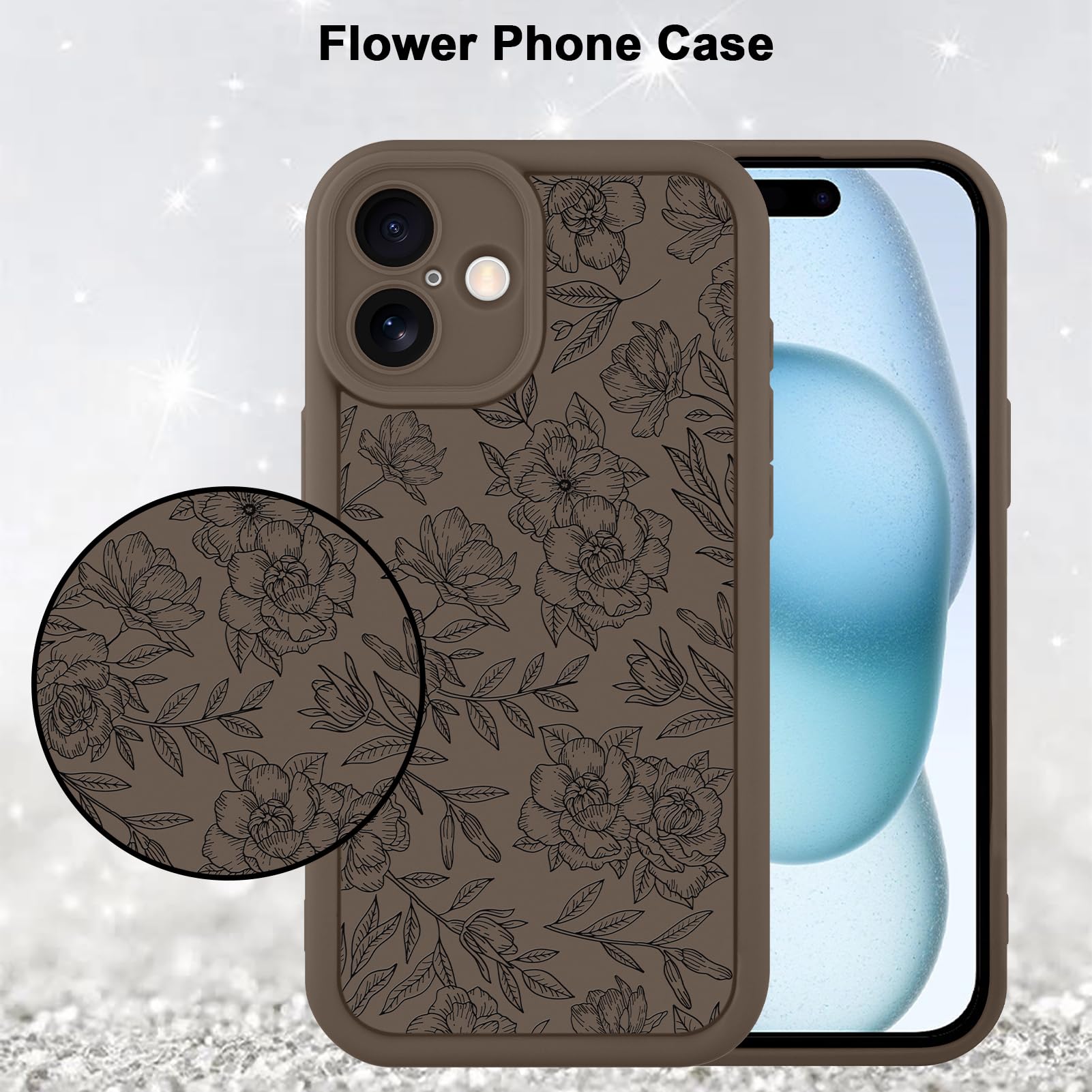 Foto 5 | Funda De Teléfono Mzelq Para Iphone 15 Con Estampado Floral De Silicona, Color Marrón - Venta Internacional.