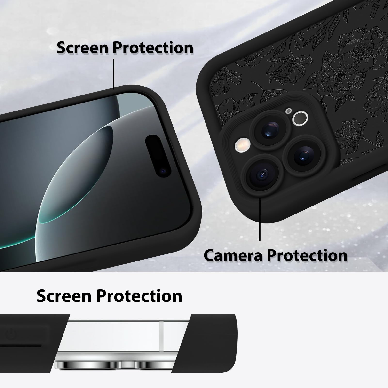 Foto 4 | Funda De Teléfono Mzelq Para Iphone 16 Pro De Silicona Con Estampado Floral Negro - Venta Internacional.