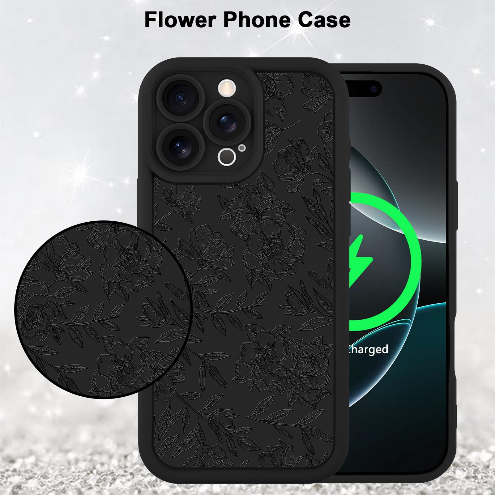 Foto 6 pulgar | Funda De Teléfono Mzelq Para Iphone 16 Pro De Silicona Con Estampado Floral Negro - Venta Internacional.