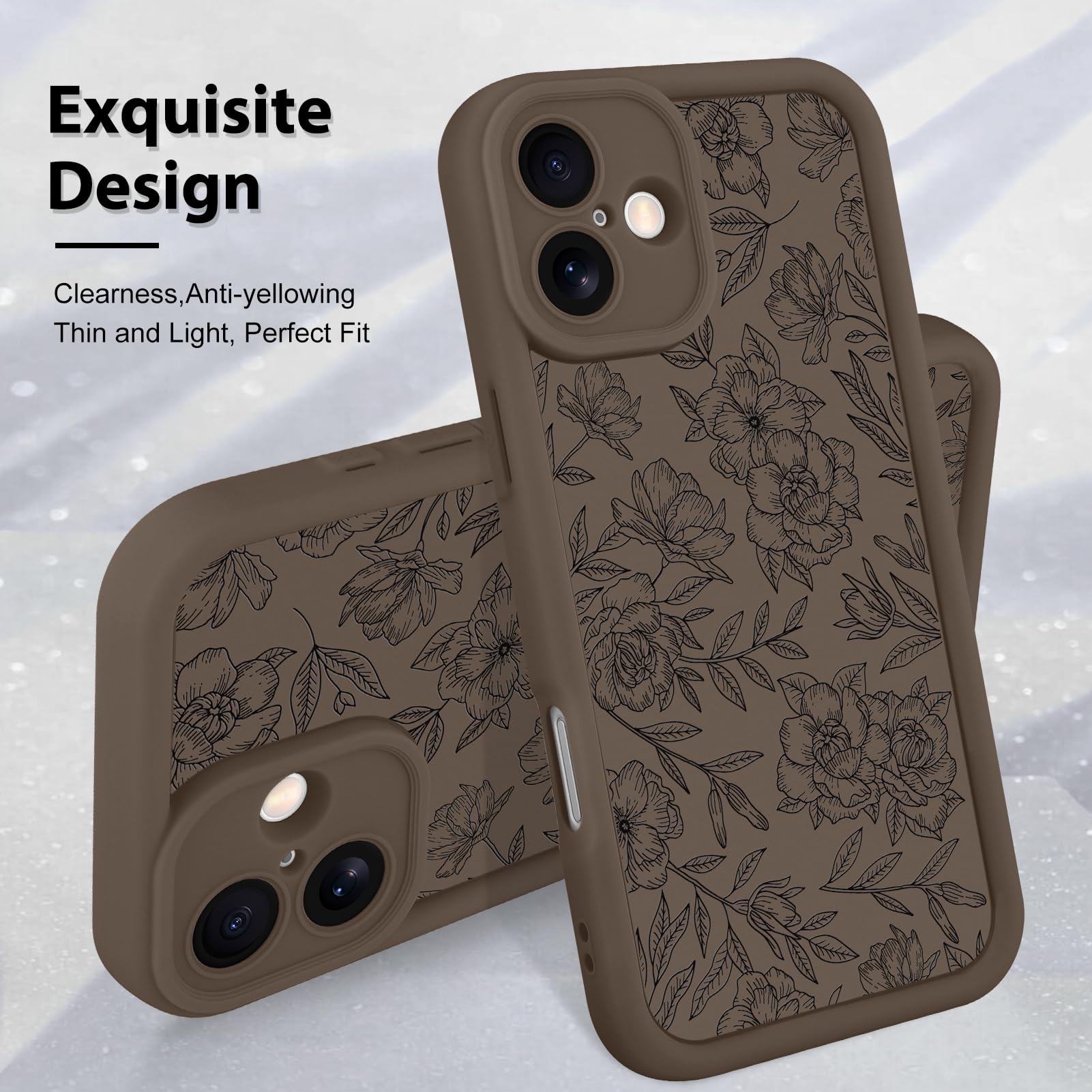 Foto 4 pulgar | Funda De Teléfono Mzelq Para Iphone 16 De Silicona Con Flores Florales, Color Marrón - Venta Internacional.