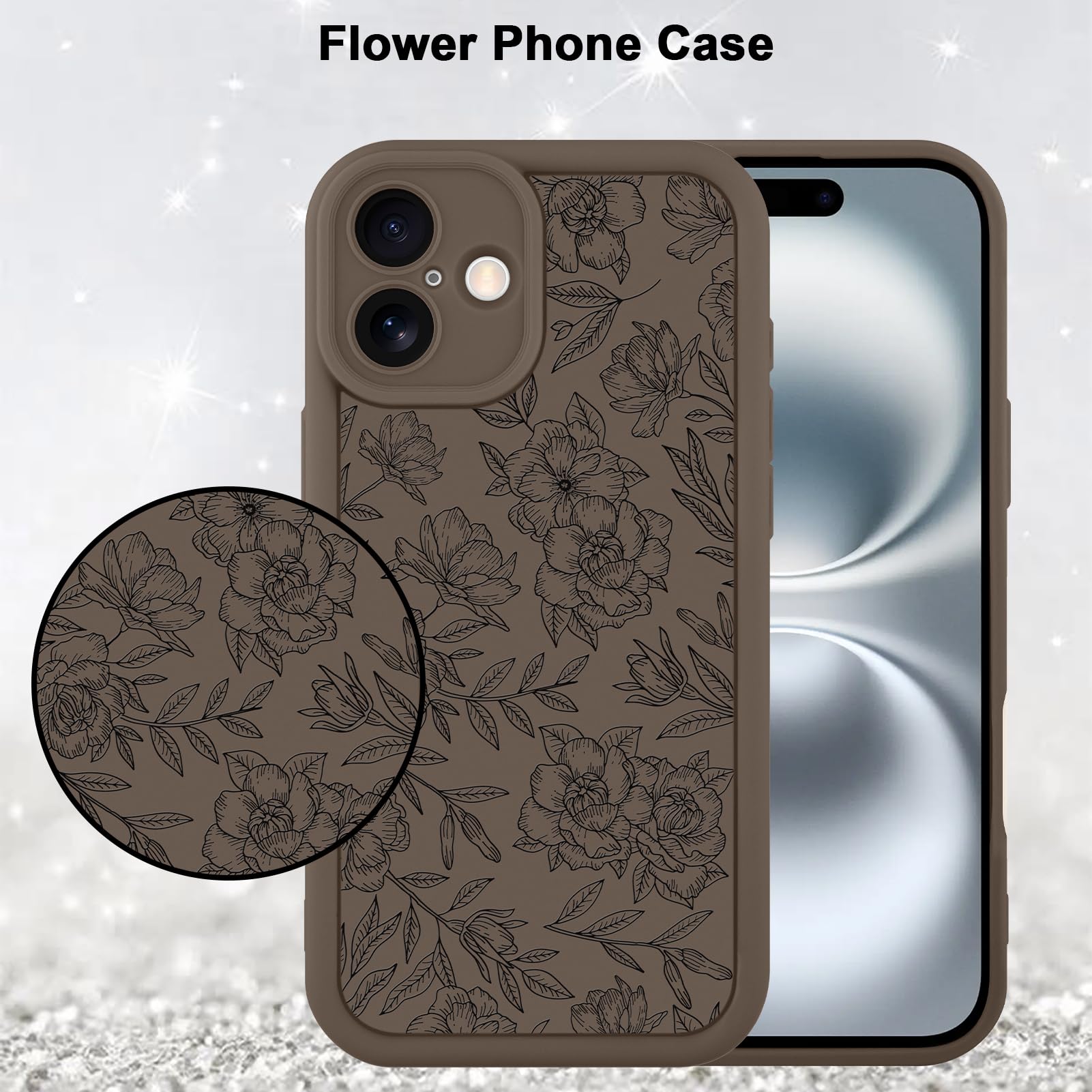 Foto 6 pulgar | Funda De Teléfono Mzelq Para Iphone 16 De Silicona Con Flores Florales, Color Marrón - Venta Internacional.