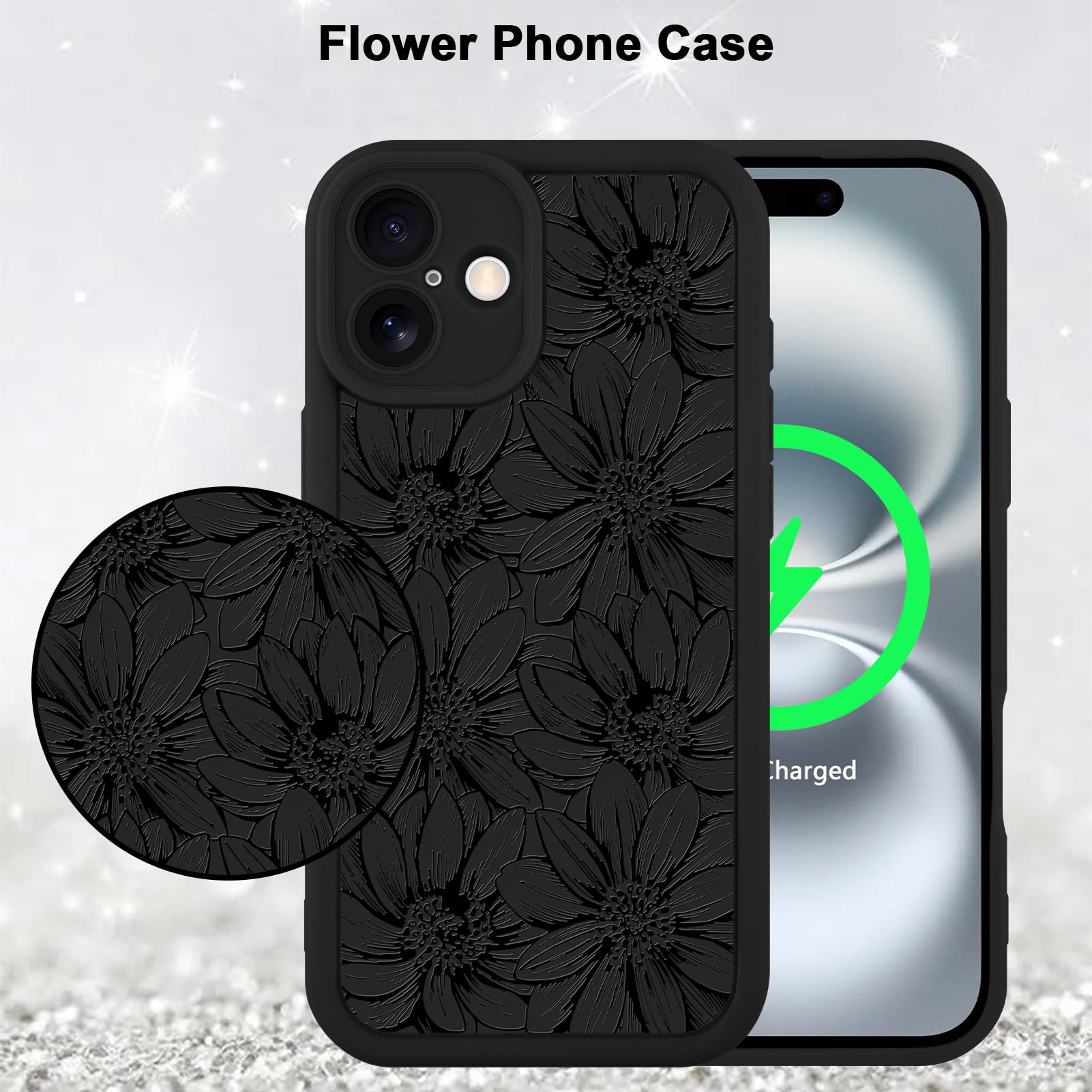 Foto 6 pulgar | Funda De Teléfono Mzelq Para Iphone 16 Plus De Silicona, Color Negro Con Forma De Girasol - Venta Internacional.