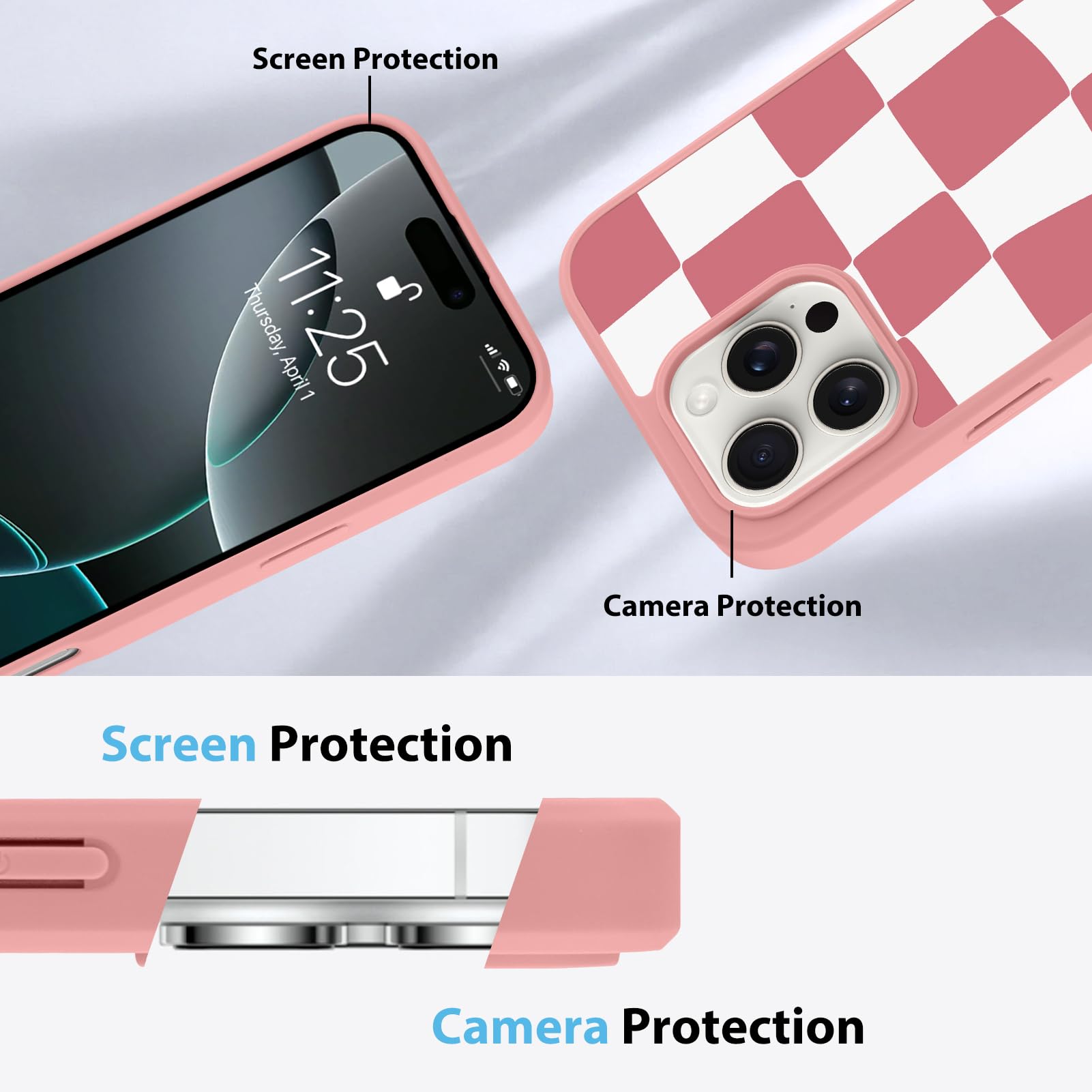 Foto 6 pulgar | Funda De Teléfono Kanghar Para Iphone 16 Pro, Estética A Cuadros, Rosa - Venta Internacional.
