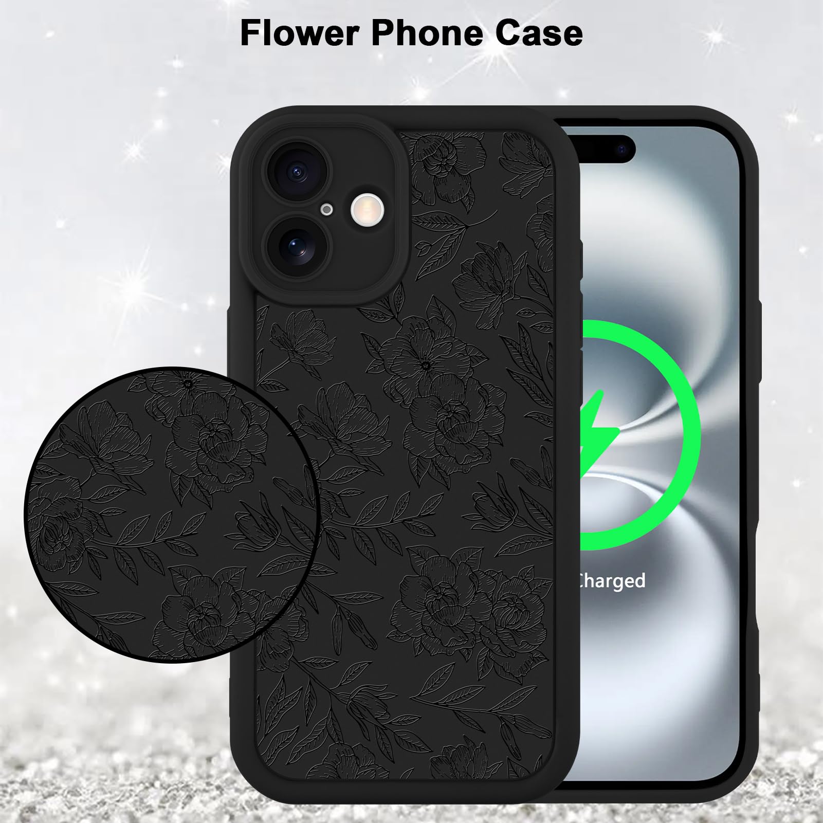 Foto 6 pulgar | Funda De Teléfono Mzelq Para Iphone 16 Plus De Silicona Con Estampado Floral Negro - Venta Internacional.