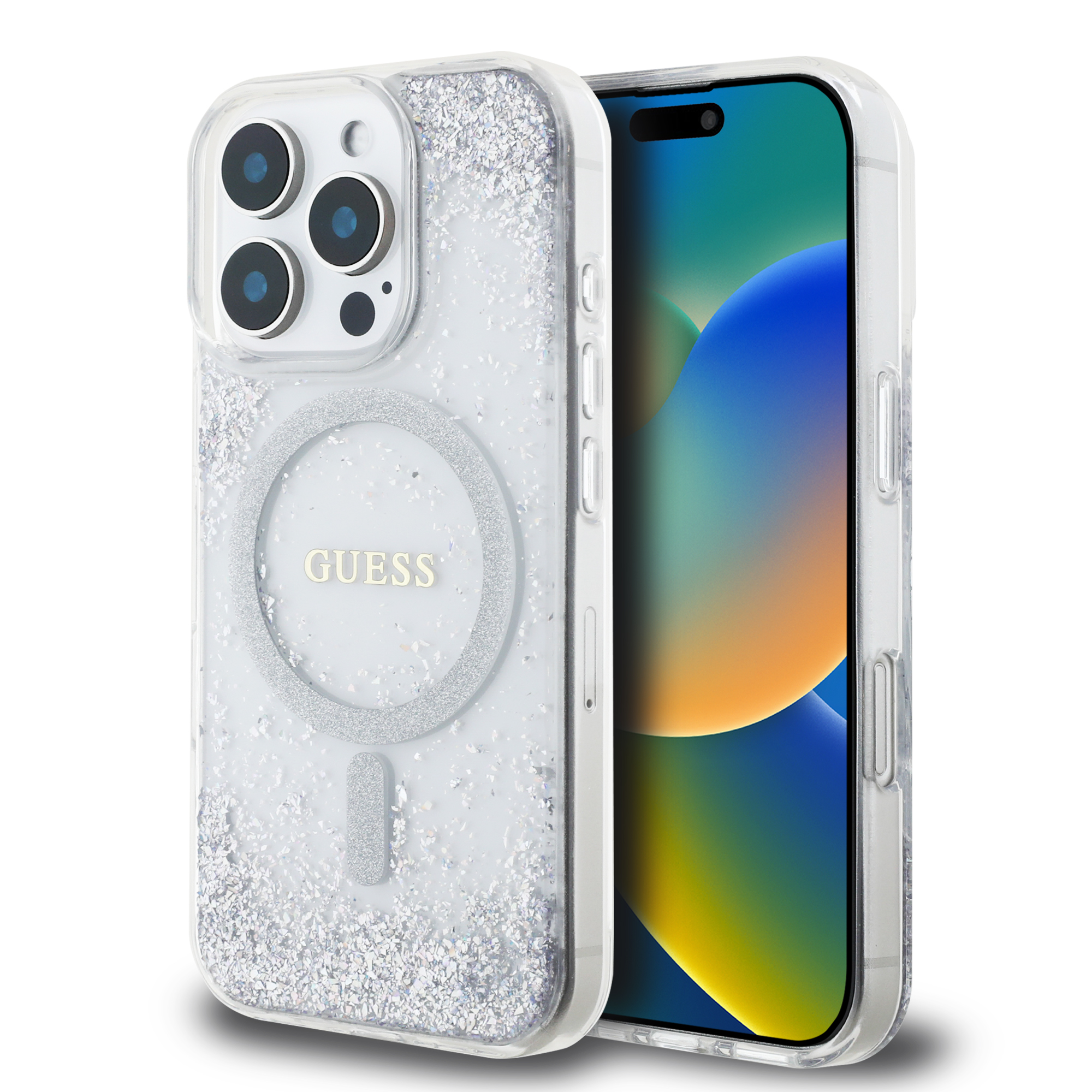 Foto 2 pulgar | Funda Original Guess Brillantina Magsafe Para Iphone 16 Pro Max - Plata