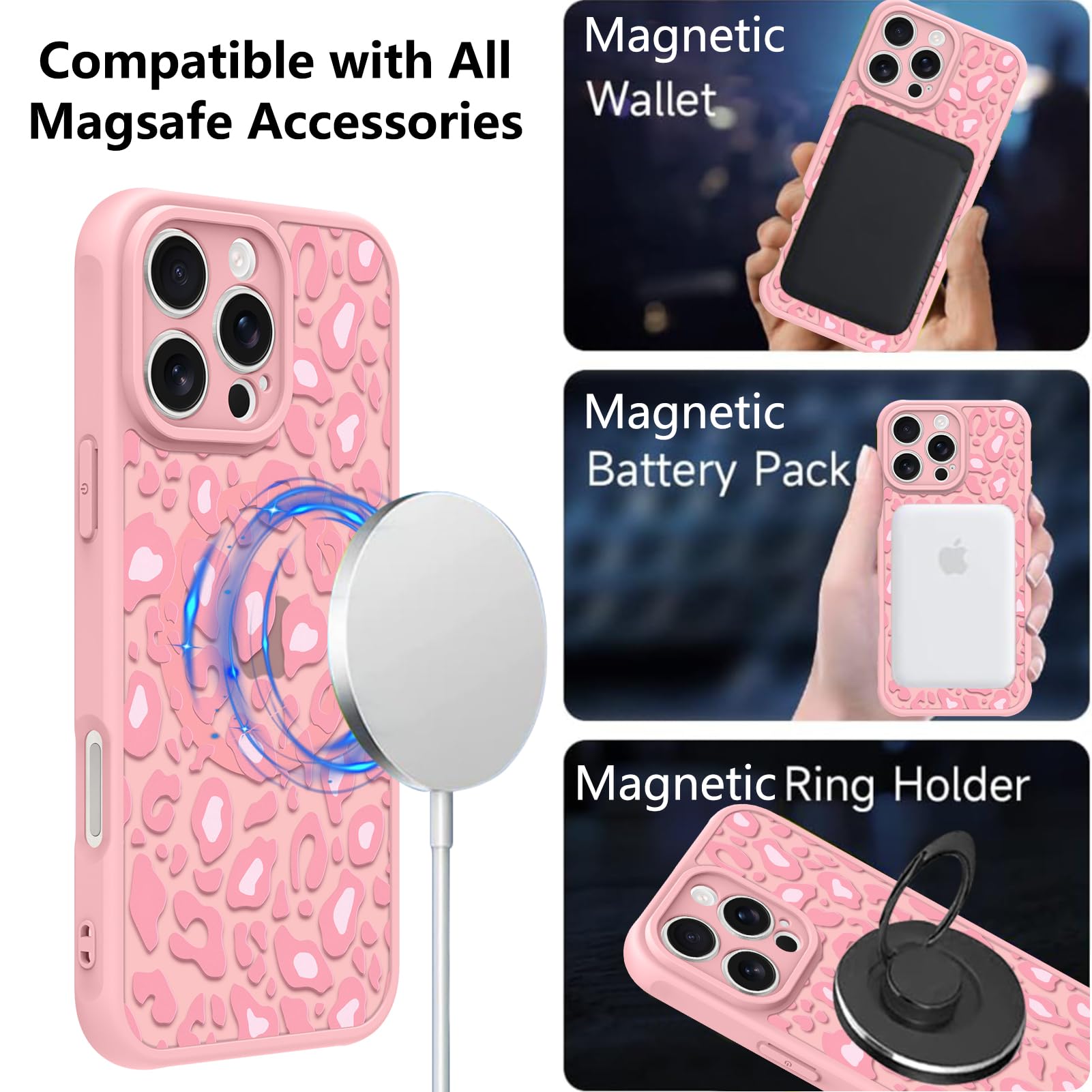 Foto 3 pulgar | Funda Para Iphone 16 Pro Kanghar Con Estampado De Leopardo Rosa Y Magsafe - Venta Internacional.