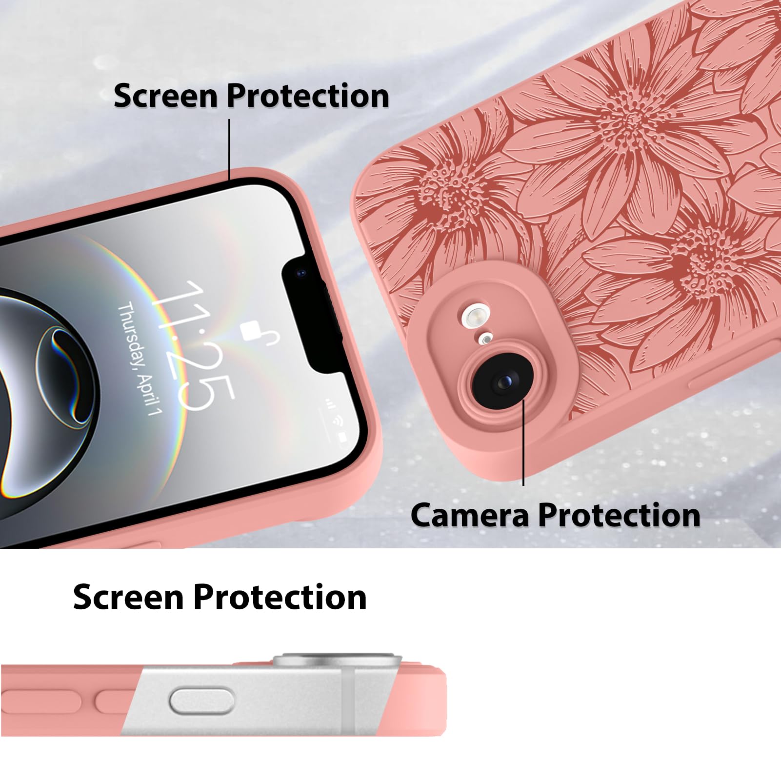 Foto 5 pulgar | Funda De Teléfono Mzelq Para Iphone 16e De Silicona Con Estampado Floral Negro - Venta Internacional.