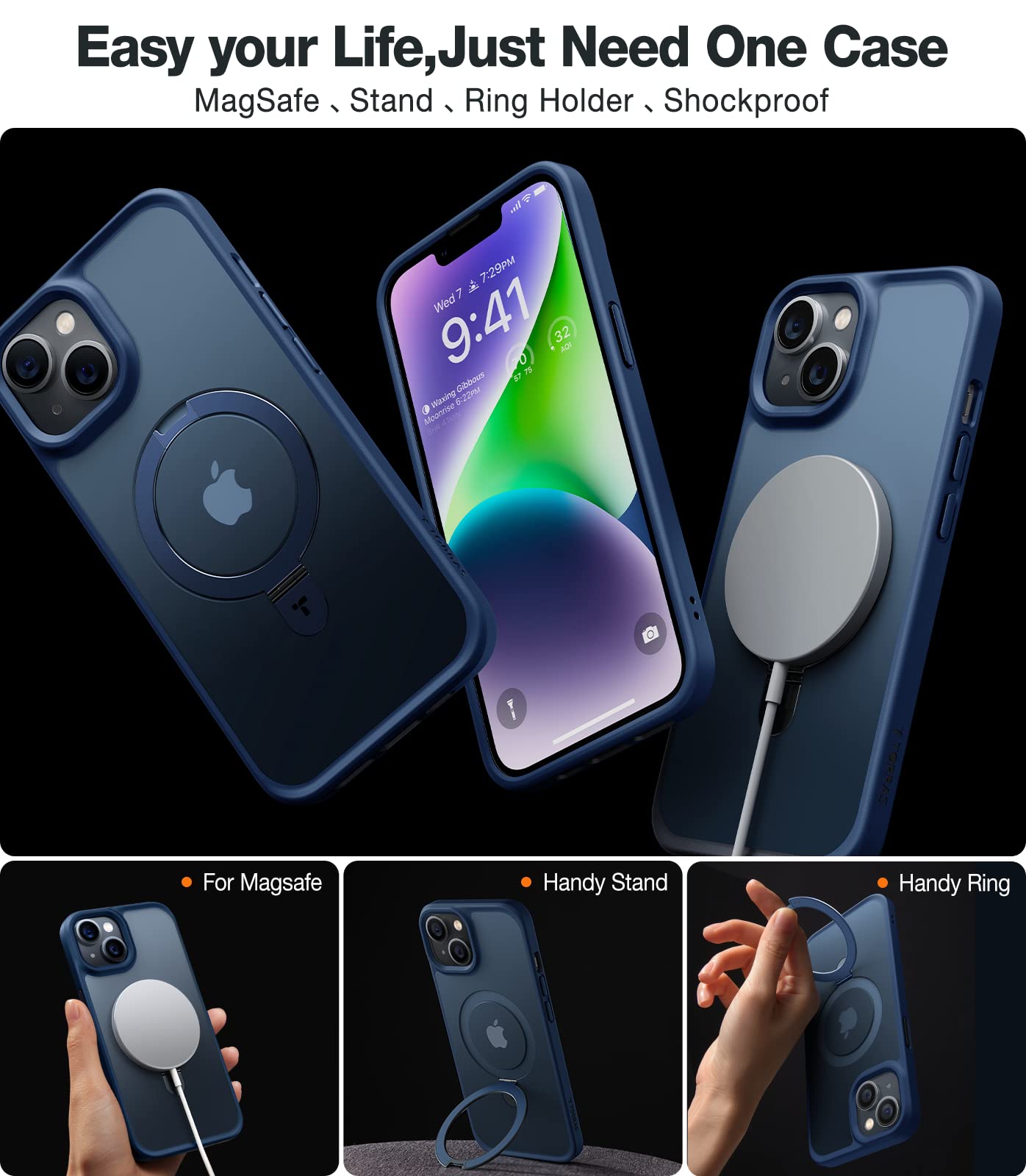 Foto 2 | Funda De Teléfono Torras Ostand Series Con Soporte Magnético Para Iphone 13/14 6.1, Color Azul Marino - Venta Inte