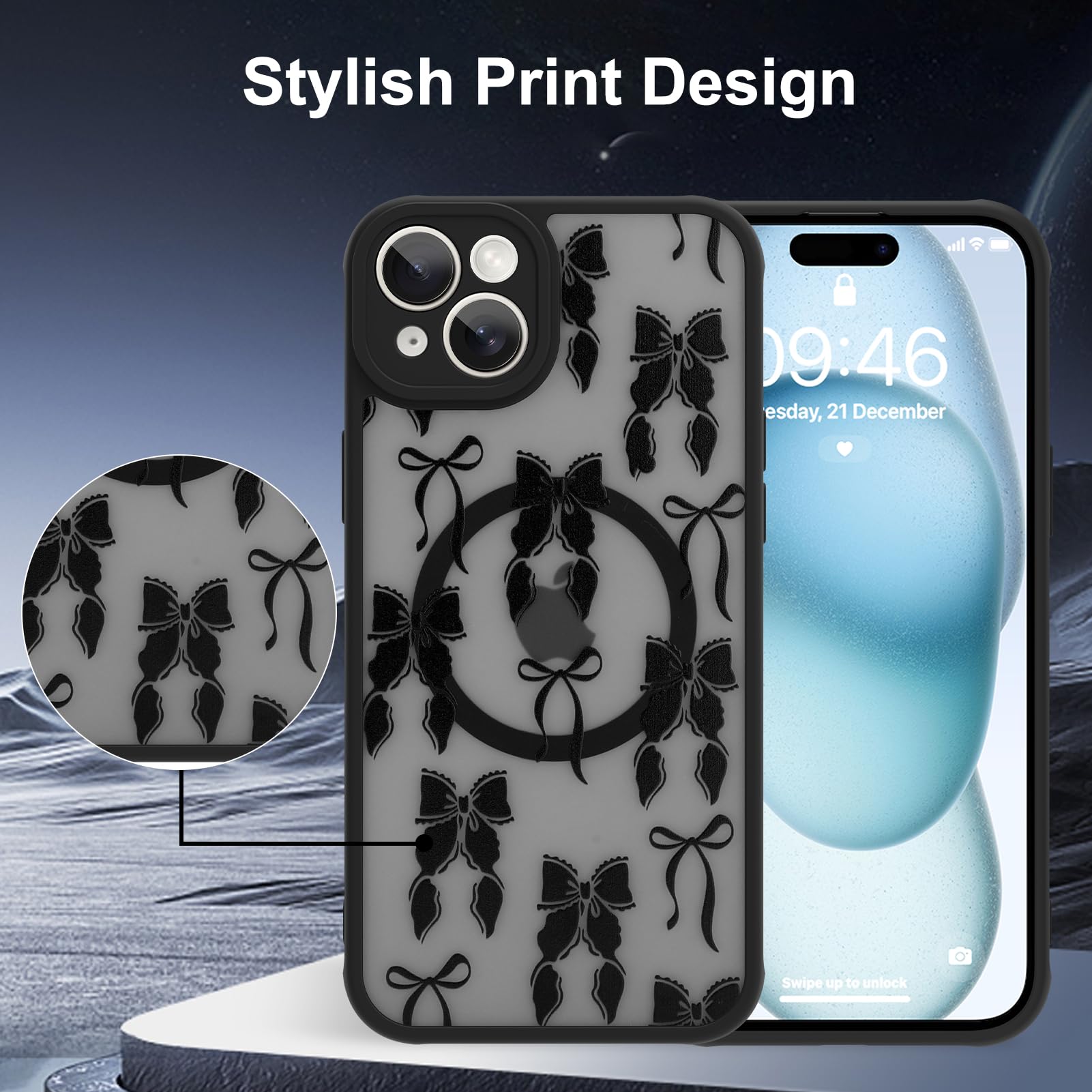 Foto 7 pulgar | Funda De Teléfono Aigomara Para Iphone 15 Con Magsafe, Black Bowknot - Venta Internacional.