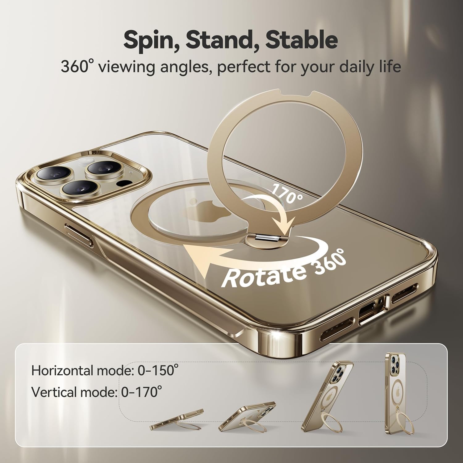 Foto 3 | Funda Casekoo Titanium Con Soporte Magnético Giratorio De 360° Para Iphone 15 Pro De 6.1 Pulgadas, Dorada - Ve