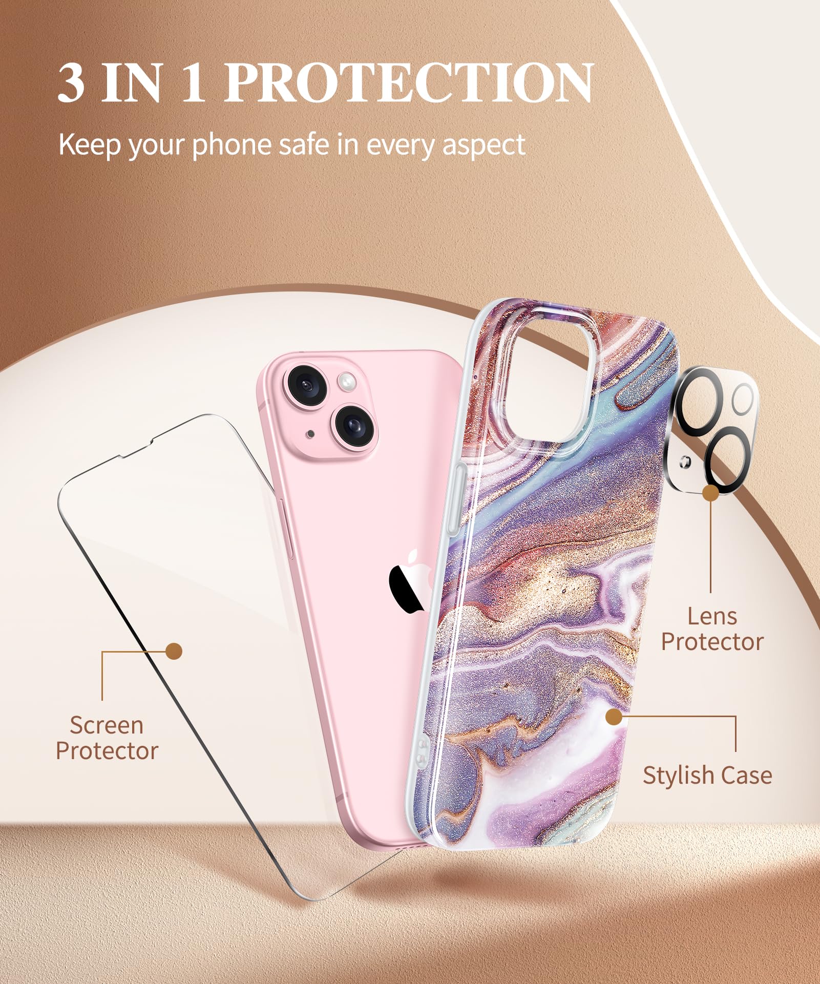 Foto 8 pulgar | Funda De Teléfono Gviewin Marble Para Iphone 15 6.1 2023 Con Protectores - Venta Internacional.