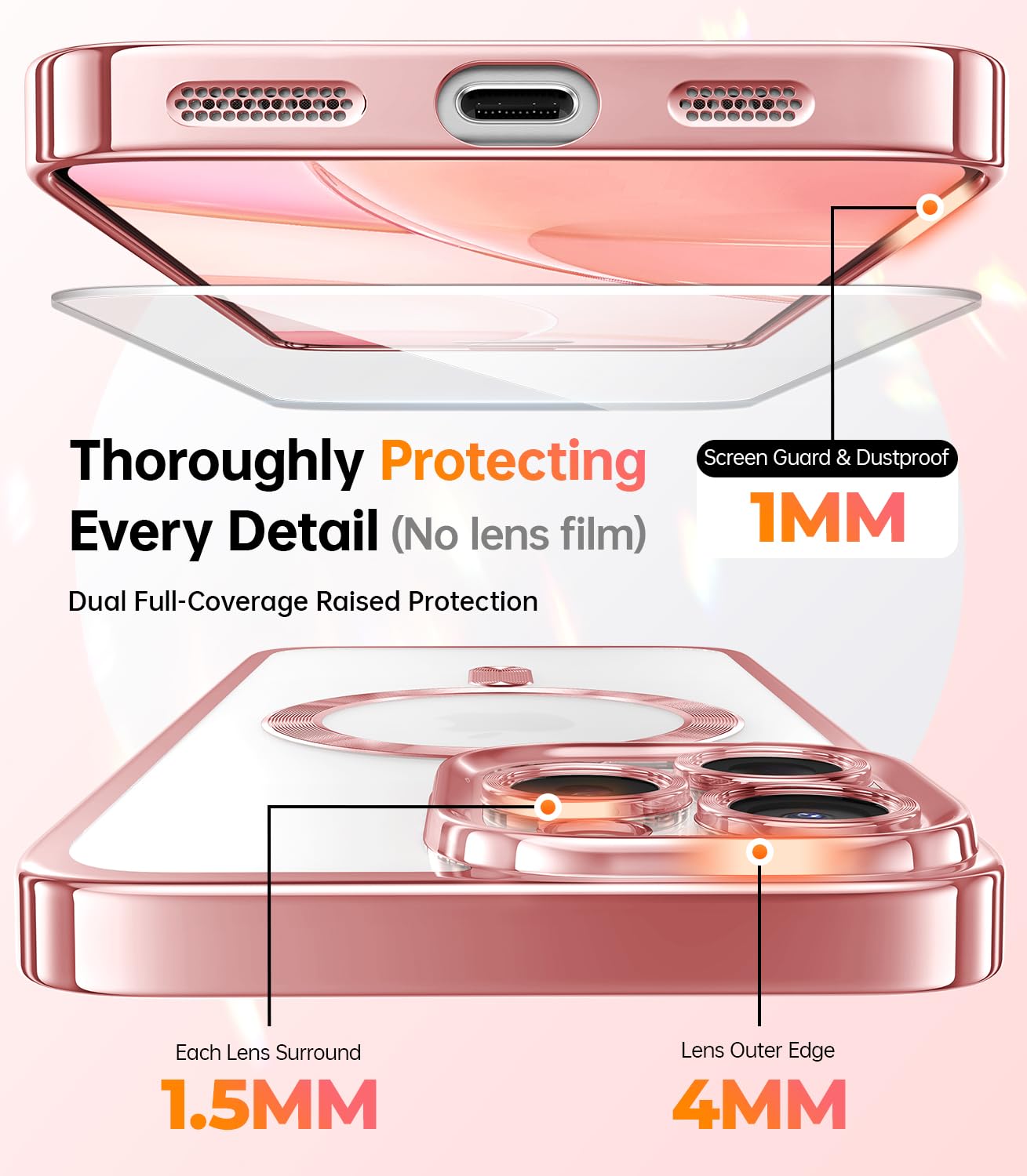 Foto 5 pulgar | Funda De Teléfono Meifigno Diseñada Para Iphone 16 Pro Max Rose Gold - Venta Internacional.
