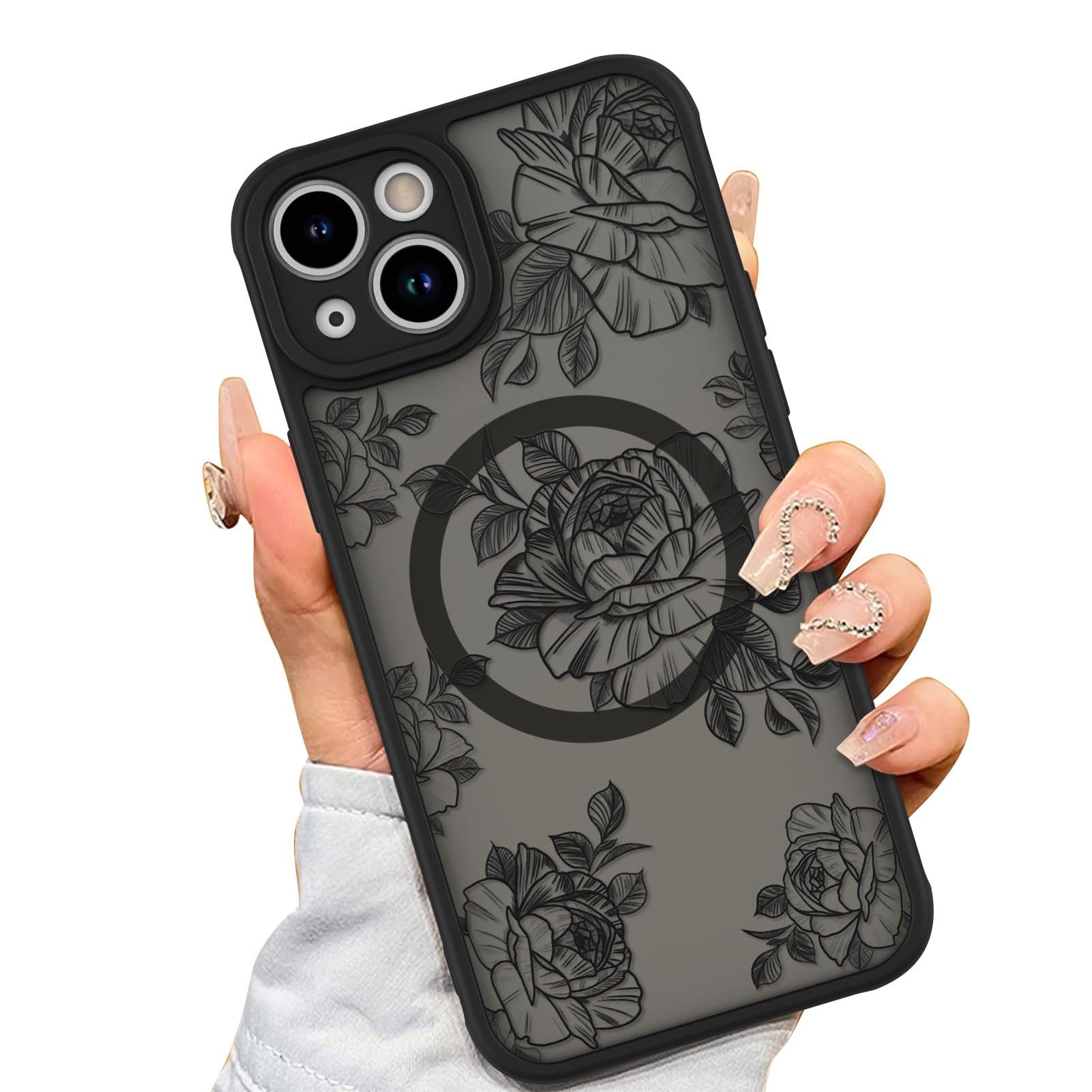 Funda De Teléfono Aigomara Para Iphone 15 Con Magsafe Black Flower - Venta Internacional.