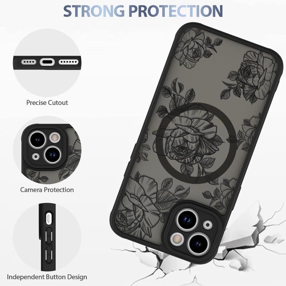 Foto 5 pulgar | Funda De Teléfono Aigomara Para Iphone 15 Con Magsafe Black Flower - Venta Internacional.