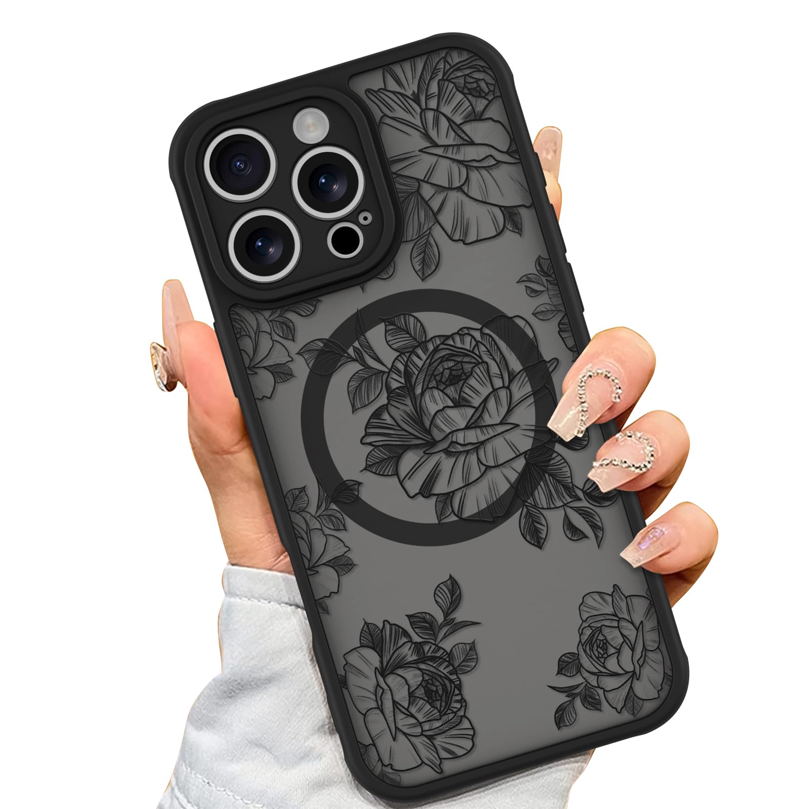 Foto 2 pulgar | Funda De Teléfono Aigomara Para Iphone 16 Pro Max Con Magsafe Black Flower - Venta Internacional.