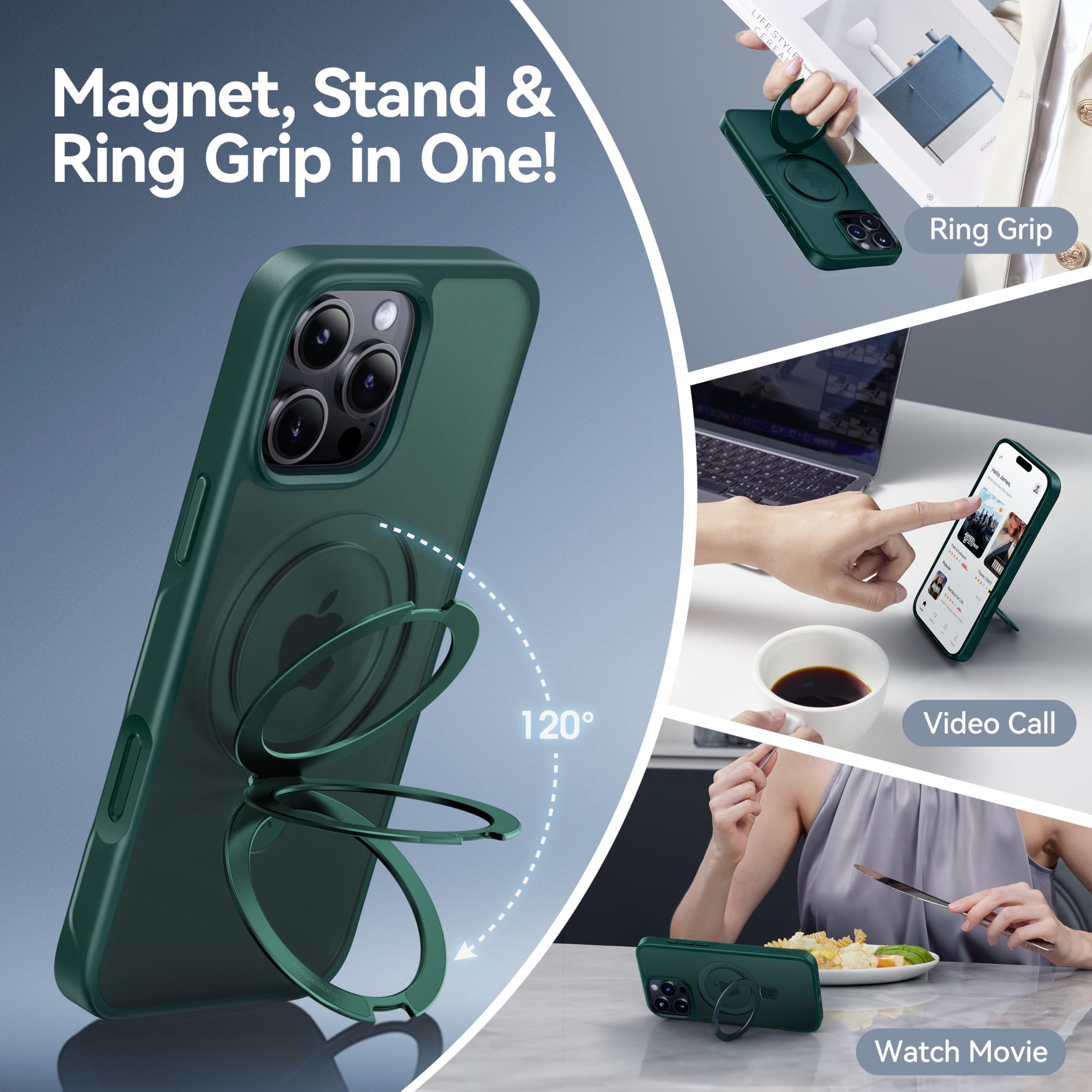 Foto 4 pulgar | Funda De Teléfono Casekoo Diseñada Para Iphone 16 Pro Con Soporte Verde - Venta Internacional.