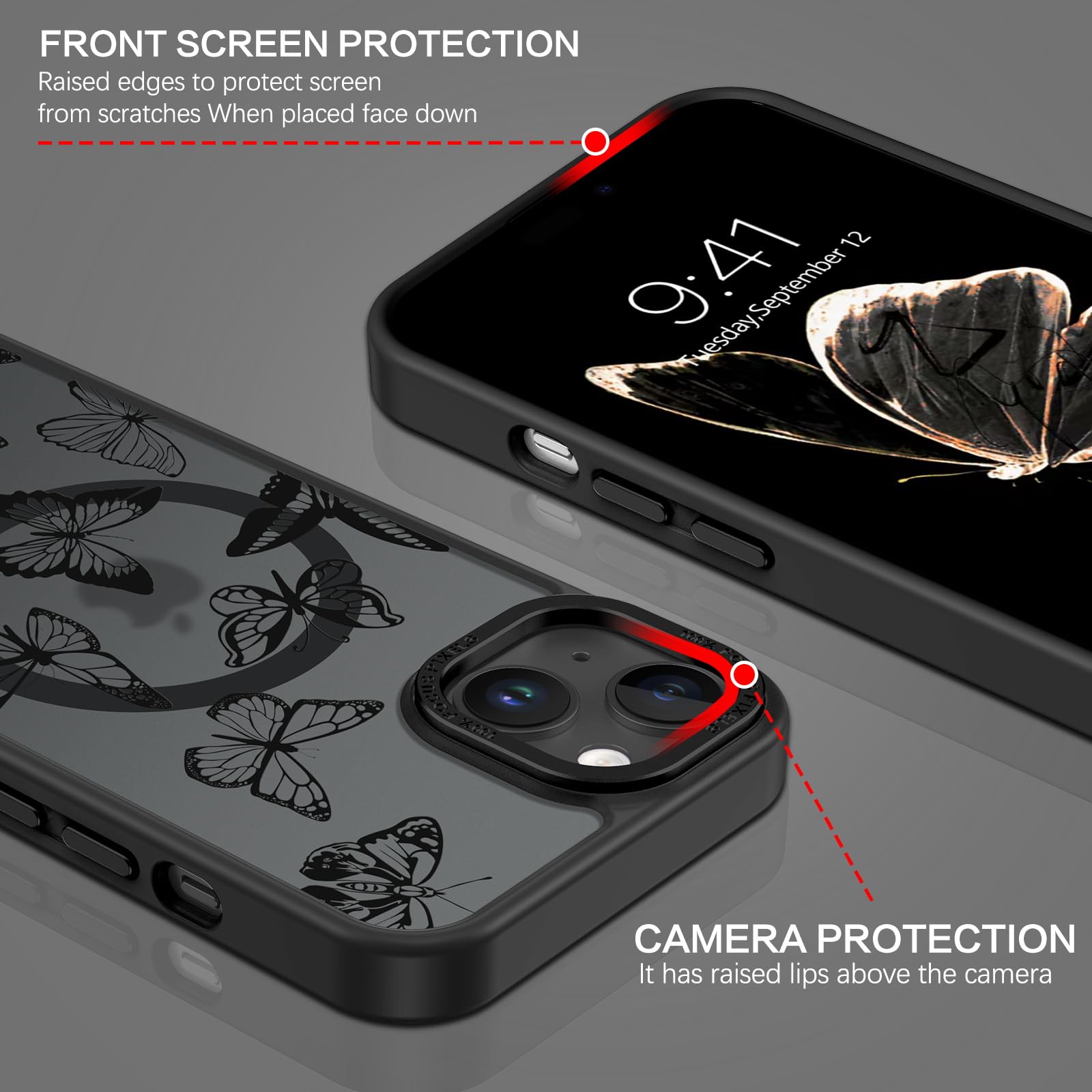 Foto 3 pulgar | Funda De Teléfono Bentoben Para Iphone 15 Plus, Diseño De Mariposas, Color Negro - Venta Internacional.