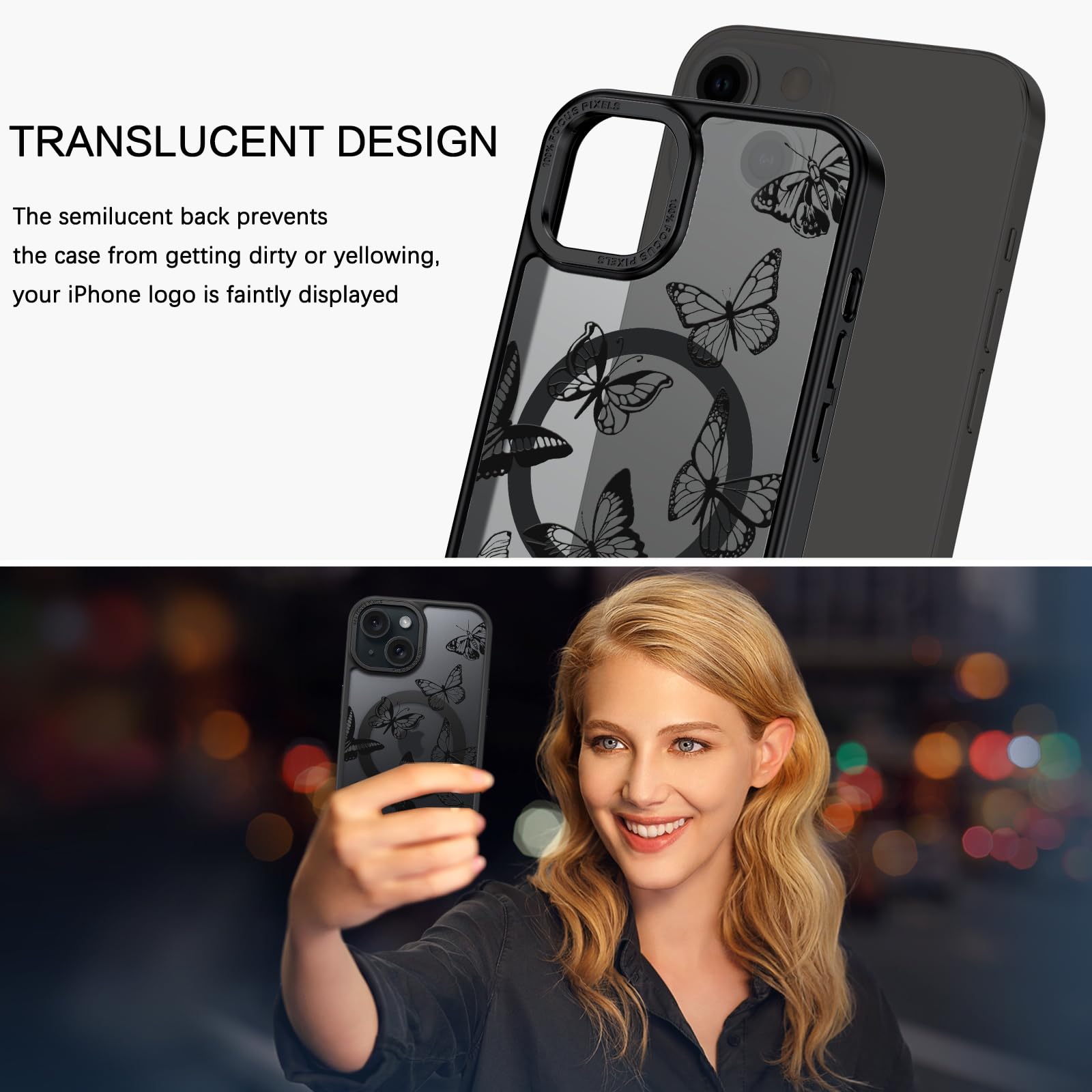 Foto 6 pulgar | Funda De Teléfono Bentoben Para Iphone 15 Plus, Diseño De Mariposas, Color Negro - Venta Internacional.