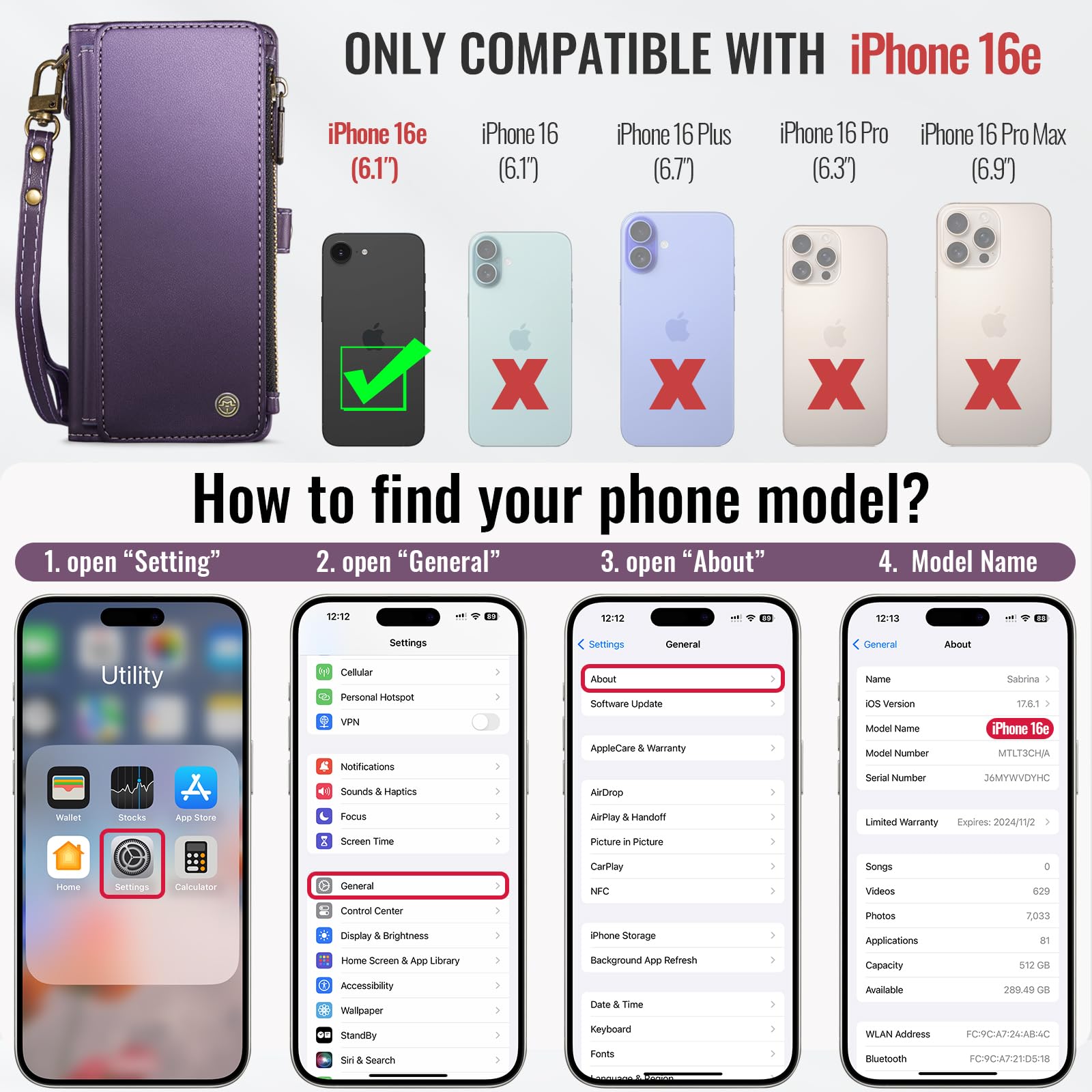 Foto 2 | Funda De Teléfono Wallet Defense Para Iphone 16e 2025, Color Morado - Venta Internacional.