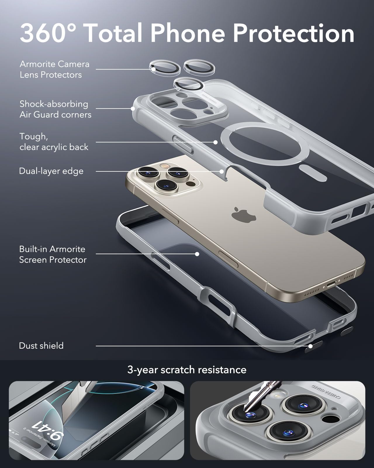 Foto 4 pulgar | Funda De Teléfono Esr Para Iphone 16 Pro Con Vidrio Templado Gris Transparente - Venta Internacional.