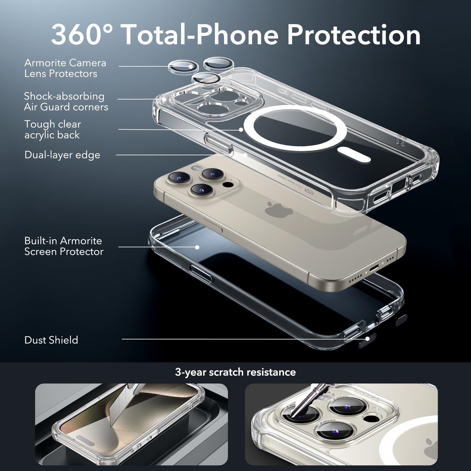 Foto 4 pulgar | Funda De Teléfono Esr Para Iphone 15 Pro Con Funda Transparente De Vidrio Templado - Venta Internacional.