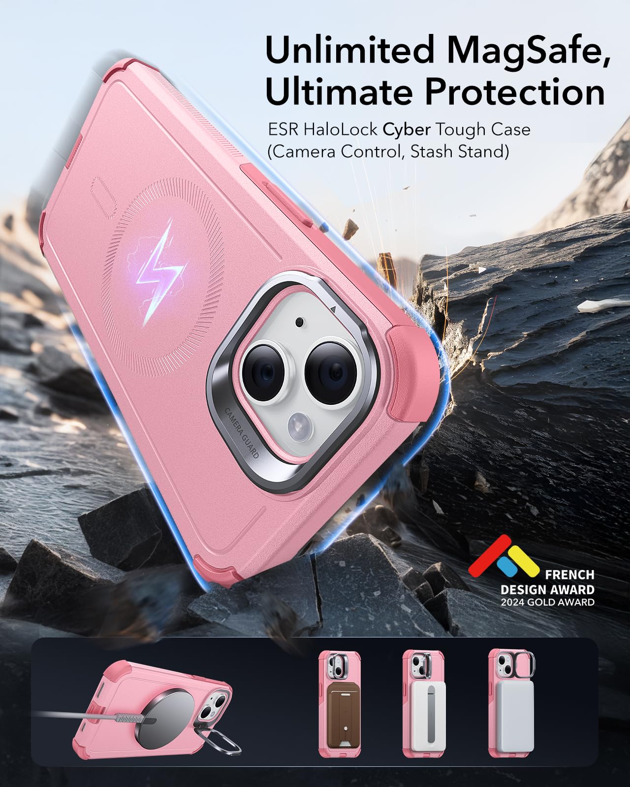 Foto 3 pulgar | Funda De Teléfono Esr Cyber Series Con Soporte Para Iphone 13/14, Color Rosa - Venta Internacional.