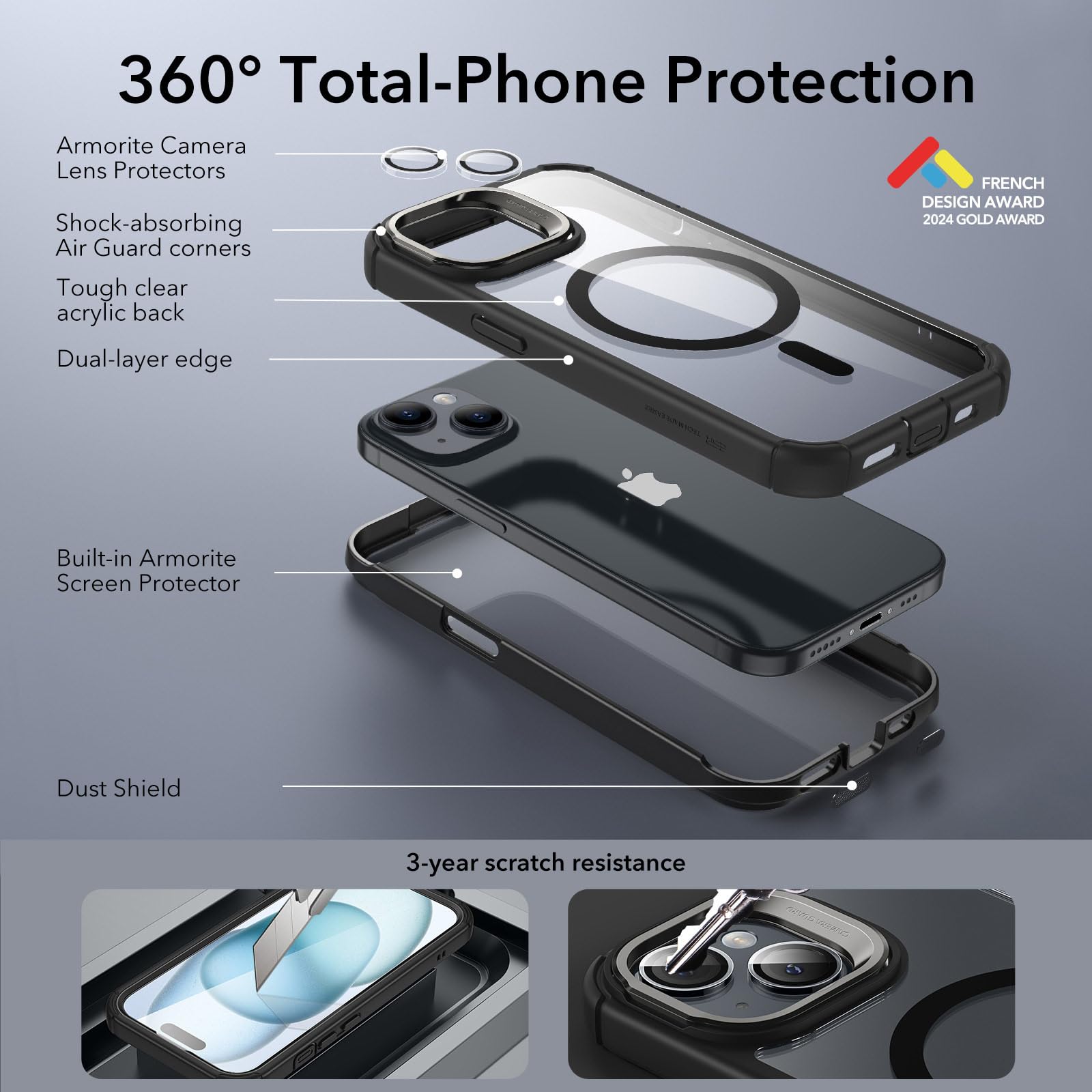 Foto 3 | Funda Esr Para Iphone 15 Con Soporte Magsafe De Cuerpo Completo, Color Negro Transparente - Venta Internacional.