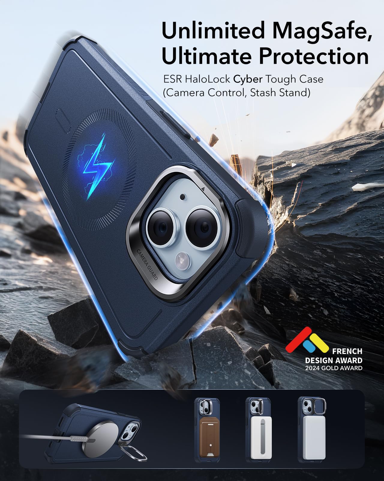 Foto 2 | Funda De Teléfono Esr Cyber Series Con Soporte Para Iphone 13/14, Color Azul - Venta Internacional.