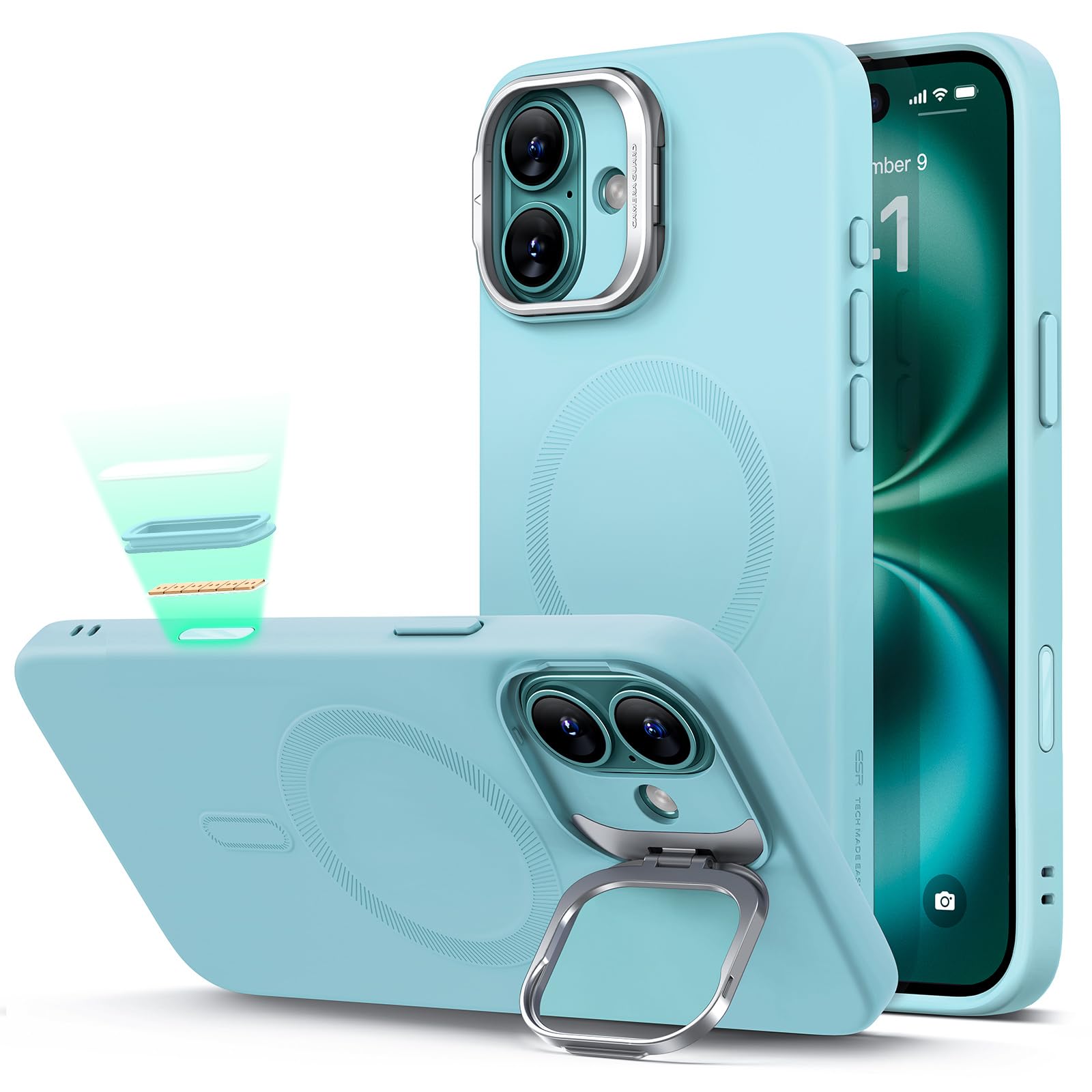 Foto 1 | Funda Esr Para Iphone 16 Plus De Silicona Con Soporte, Color Verde Azulado - Venta Internacional.