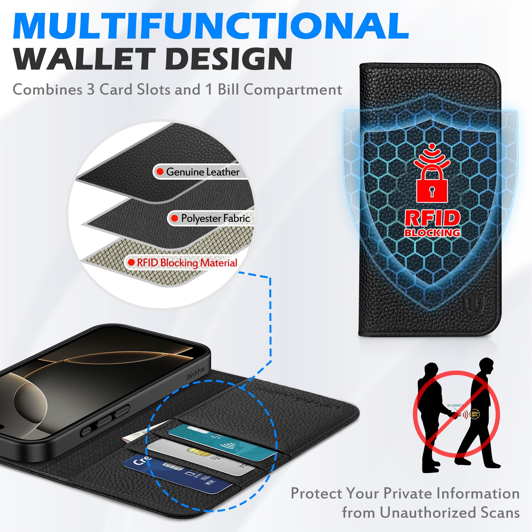 Foto 3 | Funda Shieldon Para Iphone 16 Pro Max 5g De Piel Auténtica Negra - Venta Internacional.
