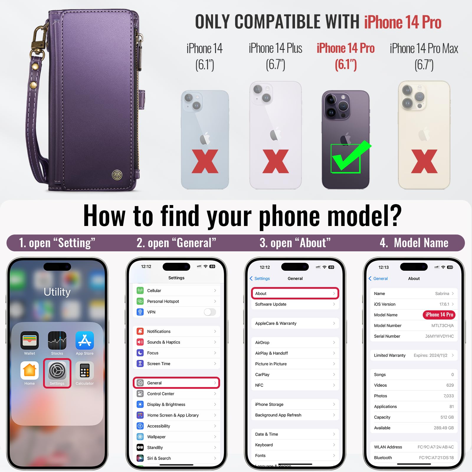 Foto 7 pulgar | Funda Wallet Defcase Compatible Con Iphone 14 Pro, Color Morado - Venta Internacional.