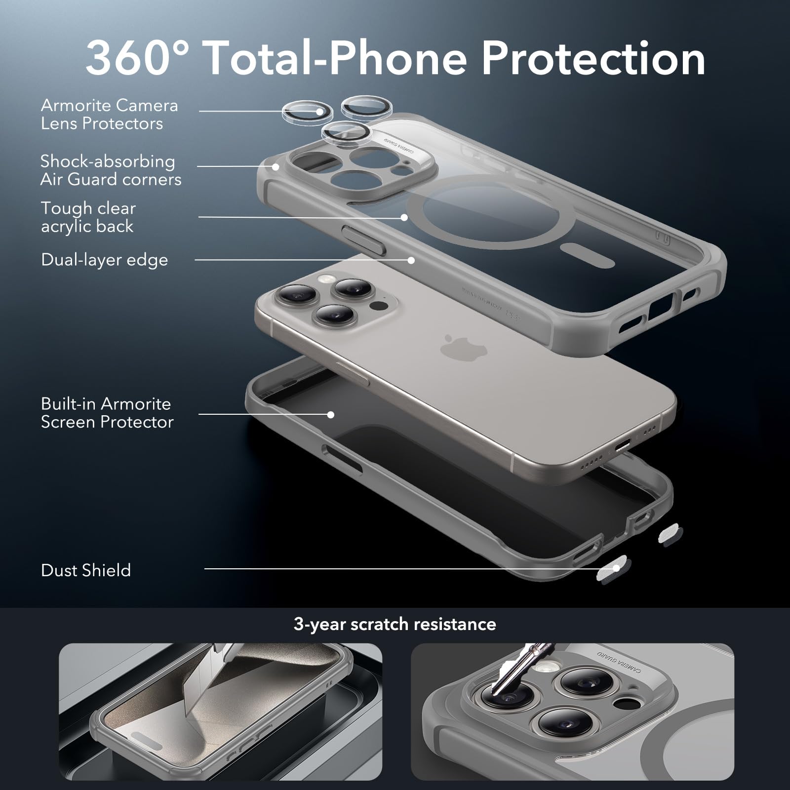 Foto 4 pulgar | Funda Esr Para Iphone 15 Pro Max Con Cristal Templado Gris Transparente - Venta Internacional.