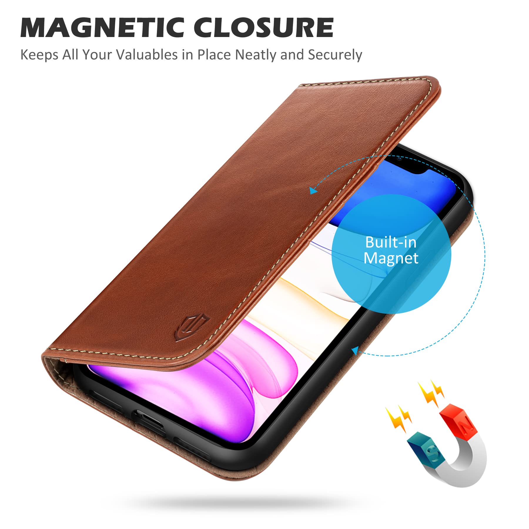 Foto 5 pulgar | Funda Tipo Cartera Shieldon Para Iphone 11 De Piel Auténtica, Color Marrón - Venta Internacional.