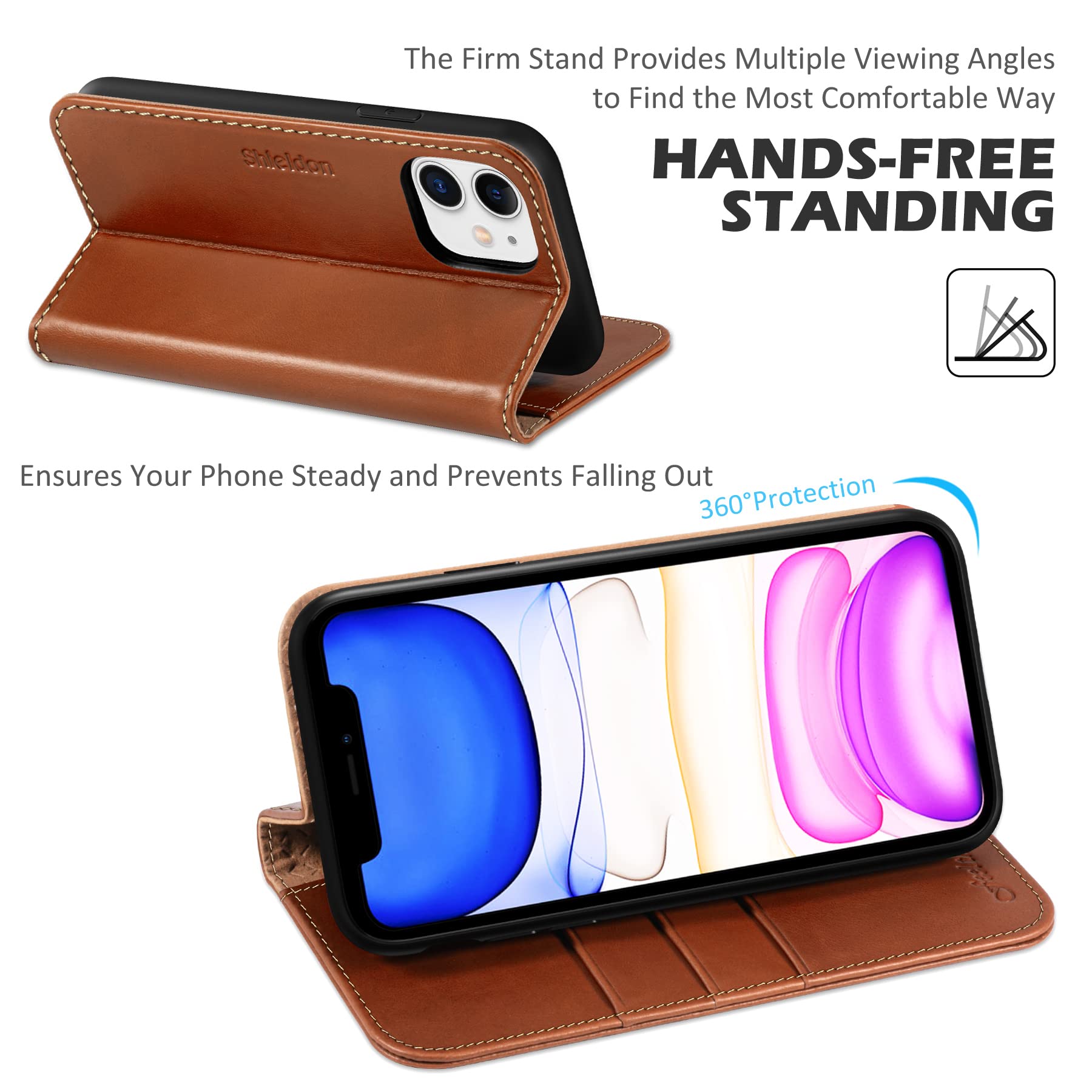 Foto 6 pulgar | Funda Tipo Cartera Shieldon Para Iphone 11 De Piel Auténtica, Color Marrón - Venta Internacional.