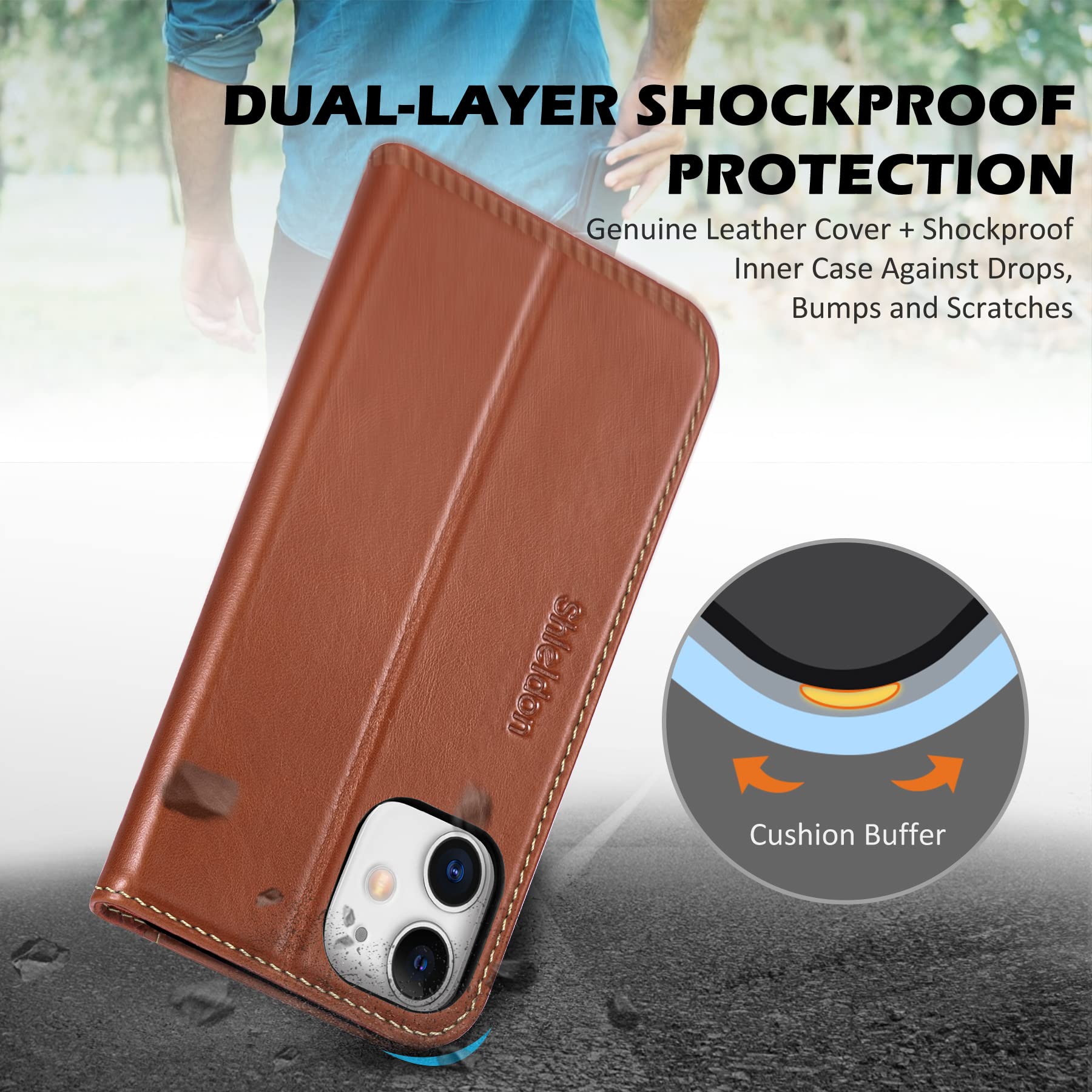Foto 7 pulgar | Funda Tipo Cartera Shieldon Para Iphone 11 De Piel Auténtica, Color Marrón - Venta Internacional.