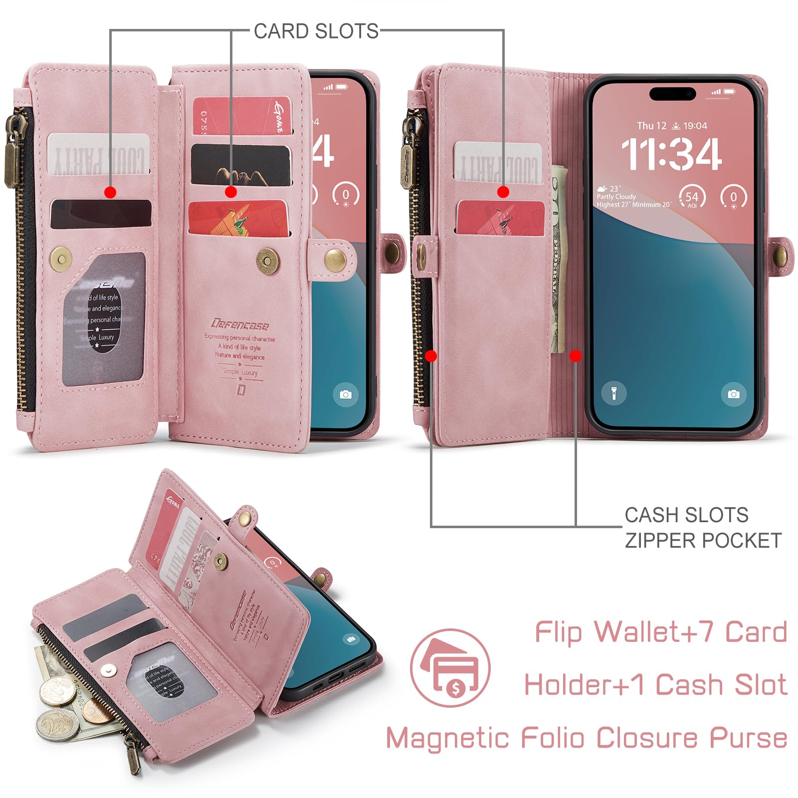 Foto 3 pulgar | Funda Wallet Defcase Compatible Con Iphone 15, Rosa Rosa - Venta Internacional.