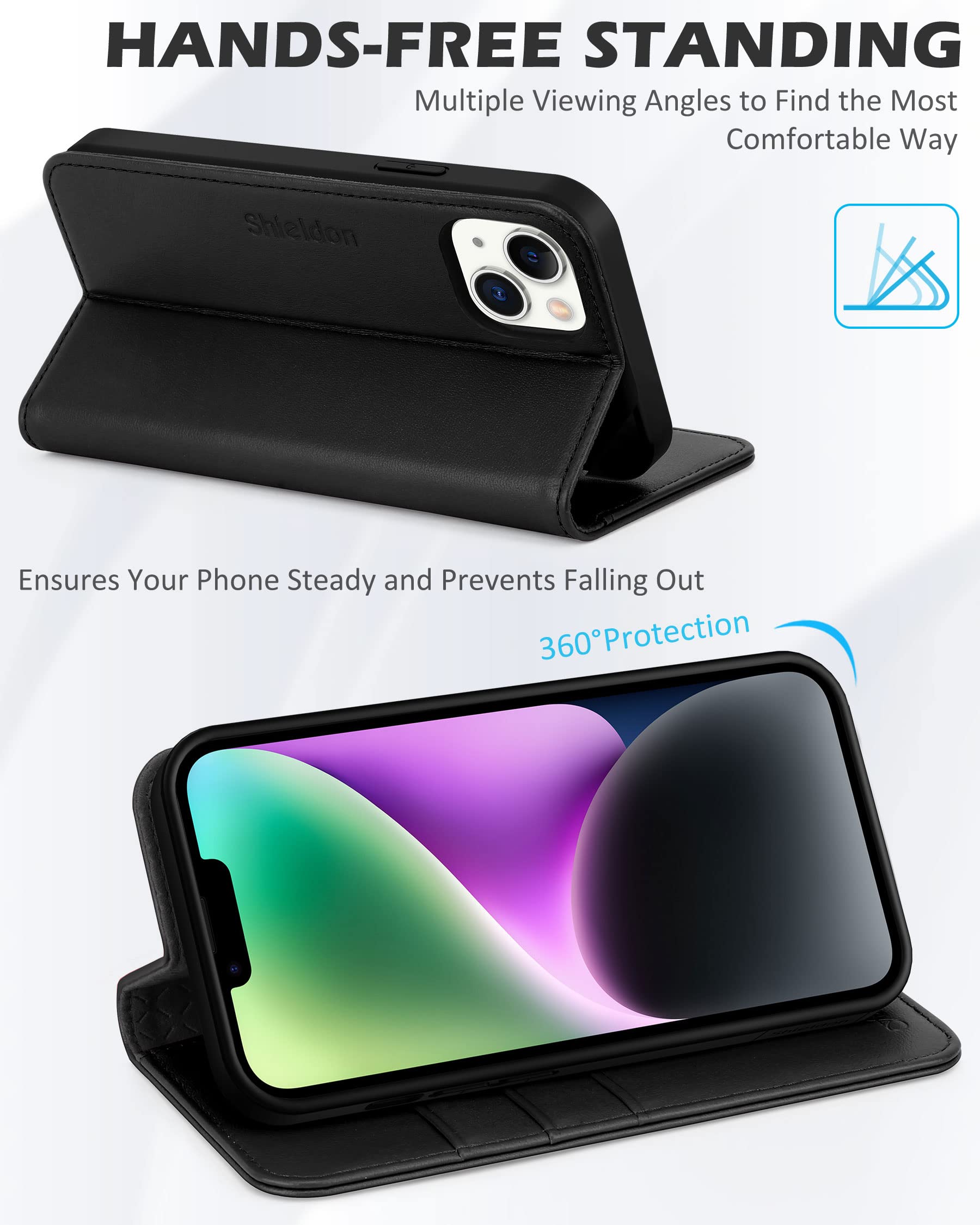 Foto 5 pulgar | Funda Shieldon De Piel Auténtica Tipo Cartera Para Iphone 14 6.1 5g, Color Negro - Venta Internacional.
