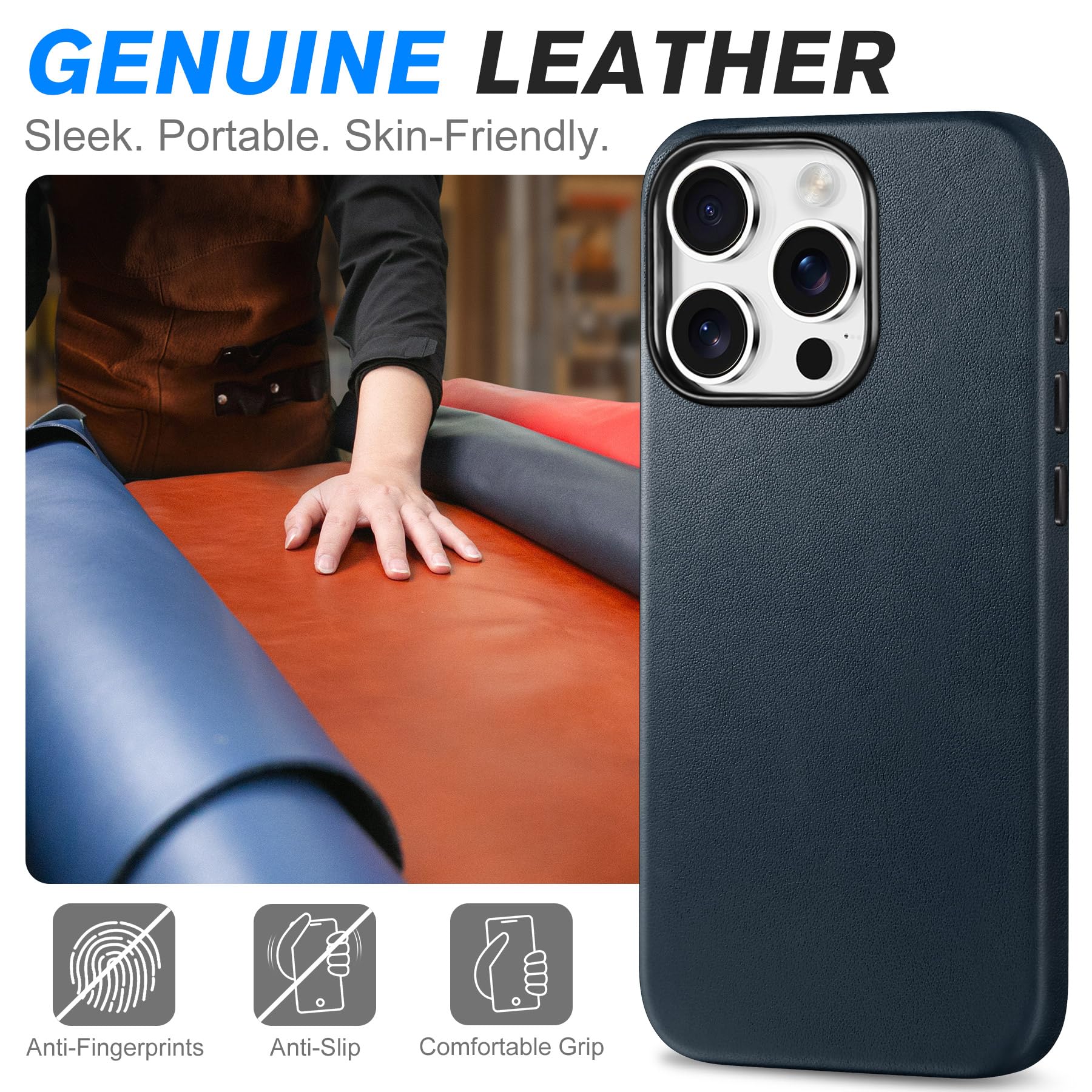 Foto 4 pulgar | Funda Shieldon Para Iphone 16 Pro 6.3 De Piel Auténtica, Color Azul Marino - Venta Internacional.