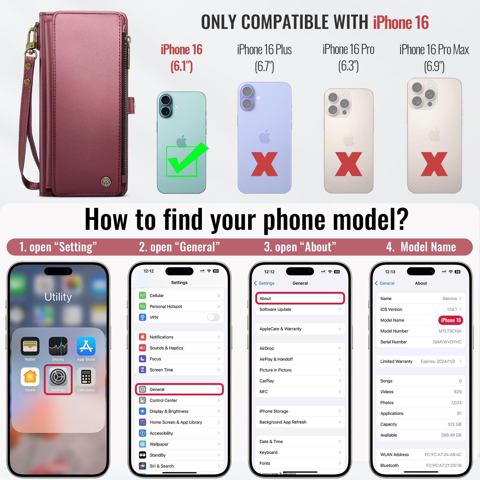 Foto 3 pulgar | Funda De Teléfono Wallet Defcase Compatible Con Iphone 16, Color Rojo Vino - Venta Internacional.