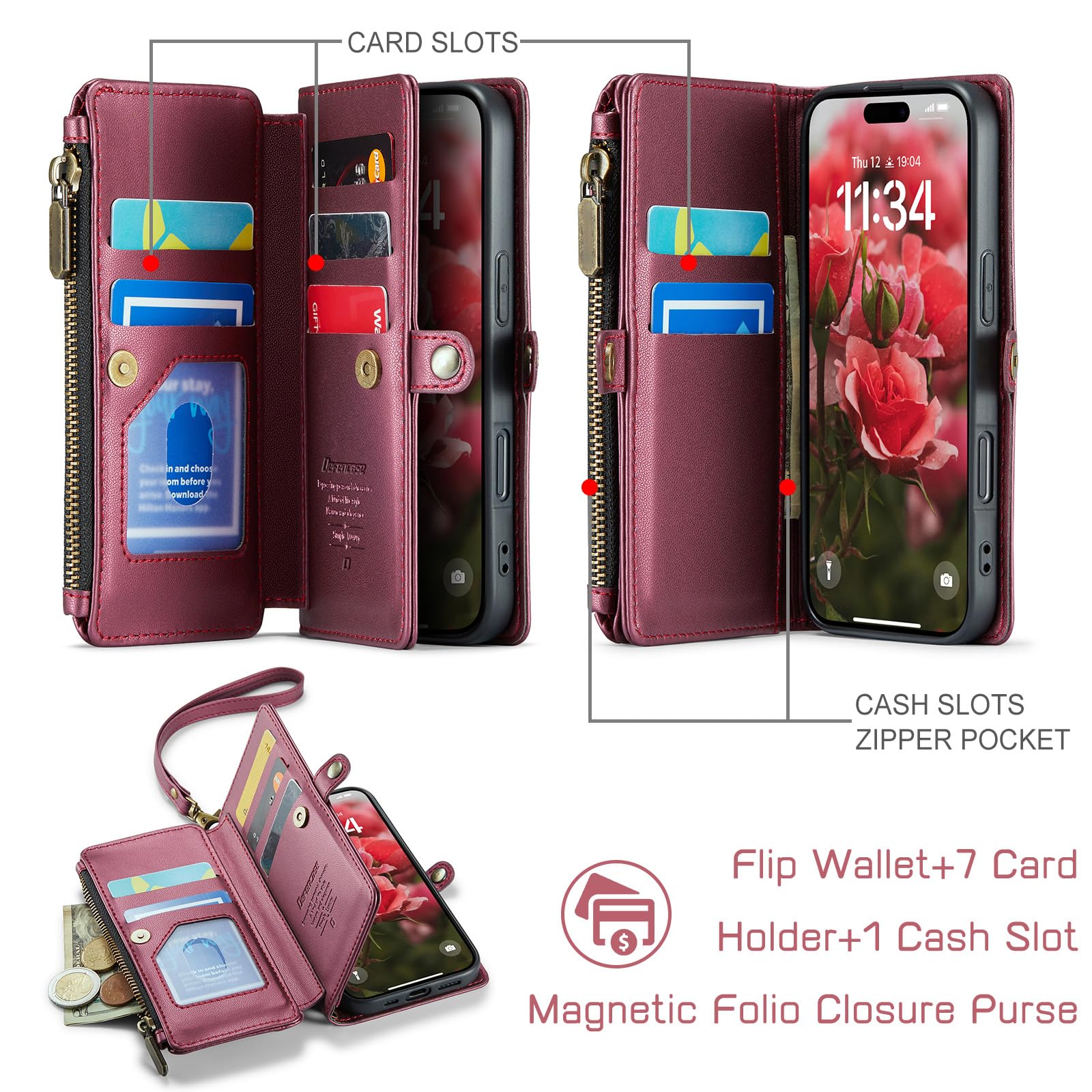 Foto 4 pulgar | Funda De Teléfono Wallet Defcase Compatible Con Iphone 16, Color Rojo Vino - Venta Internacional.