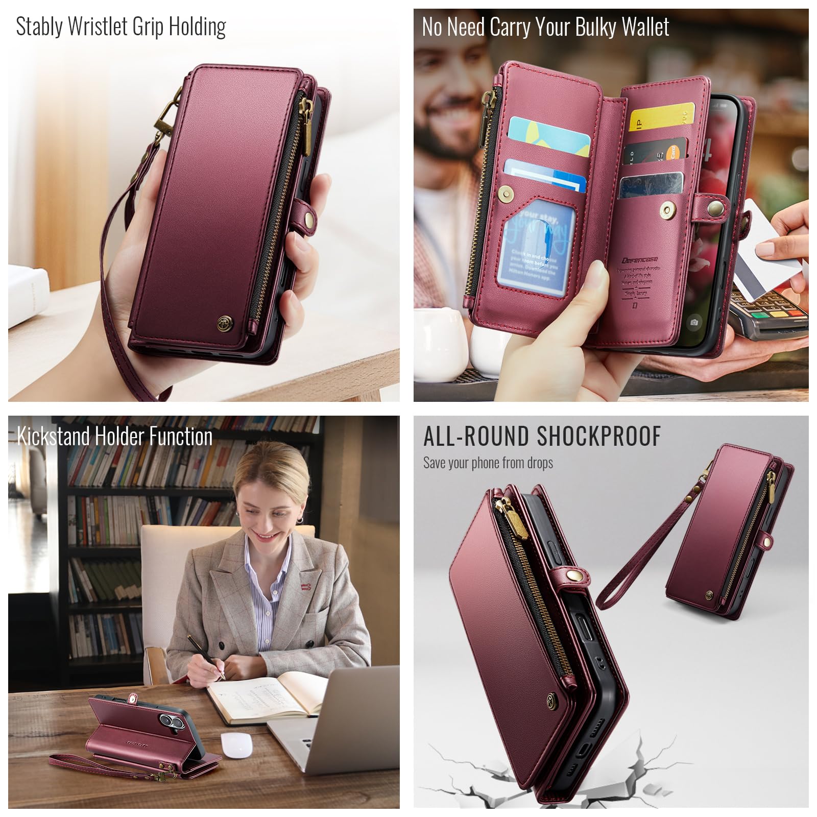 Foto 4 | Funda De Teléfono Wallet Defcase Compatible Con Iphone 16, Color Rojo Vino - Venta Internacional.