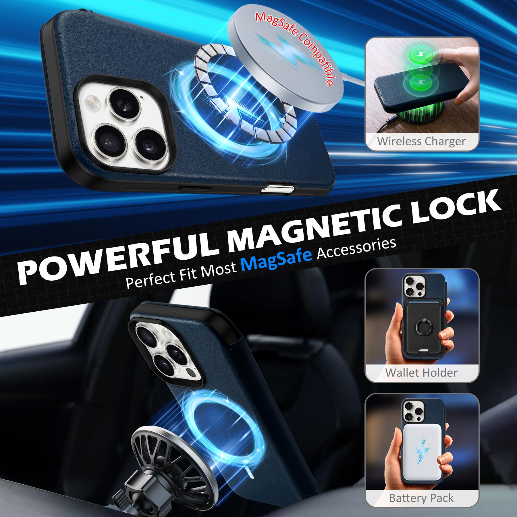 Foto 7 pulgar | Funda Tipo Cartera Shieldon Para Iphone 16 Pro 5g 2024 De Piel Azul - Venta Internacional.